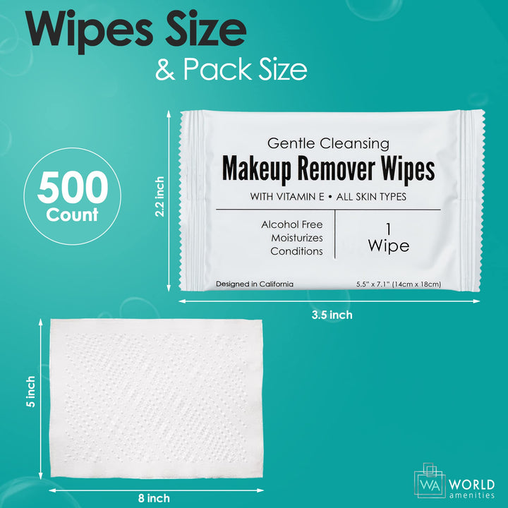 World Amenities - Bulk Makeup Remover Wipes | 500 Count| Individually Wrapped, Gentle Cleansing, Alcohol Free - All Skin Types - Vitamin E - 100% Recyclable, Hotel Travel Size Toiletries
