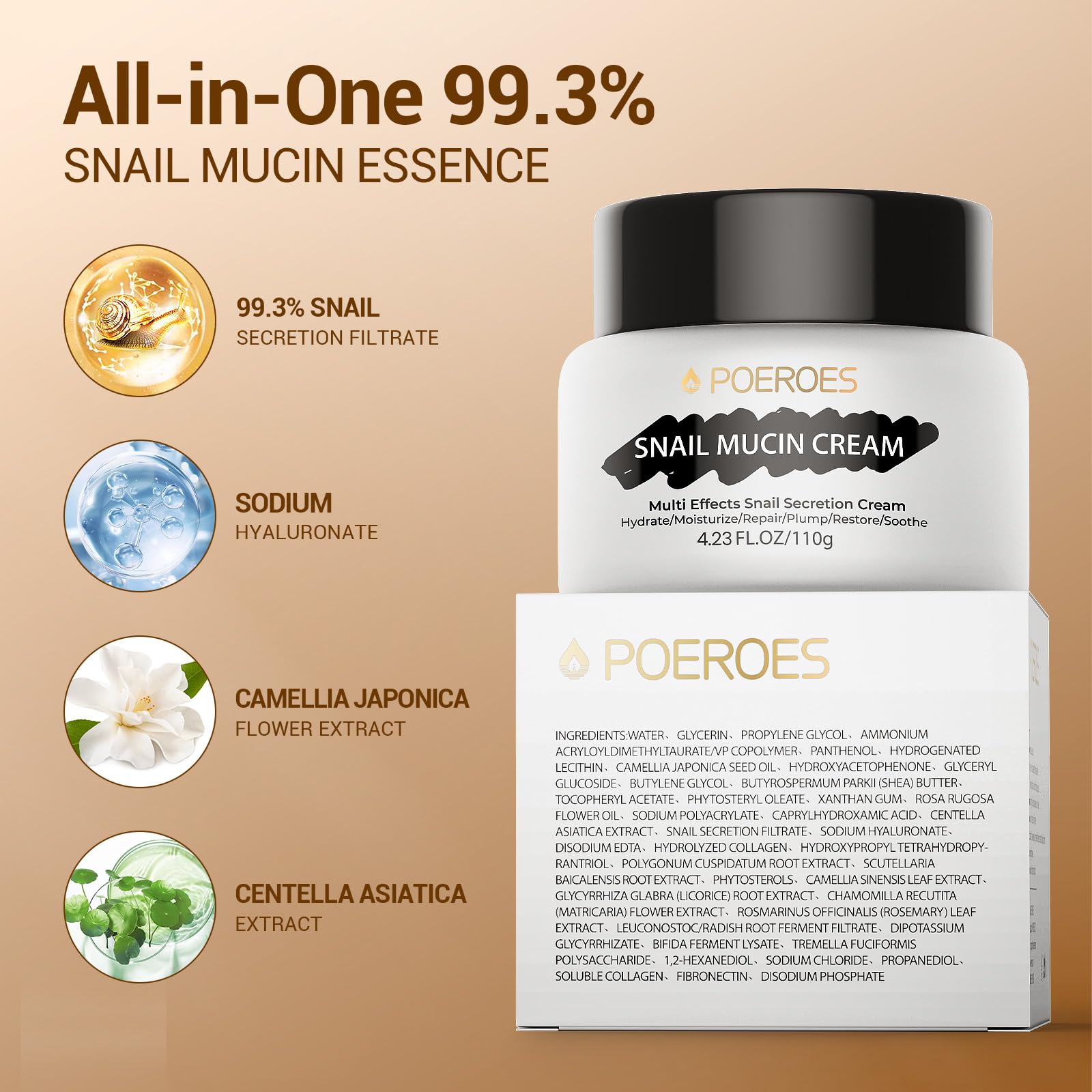 POEROES Snail Mucin Cream 99.3% Moisturizer Face Cream 4.23 Fl Oz Daily Face Moisturizer for Dry Skin Sensitive Skin Acne-prone Face Lotion