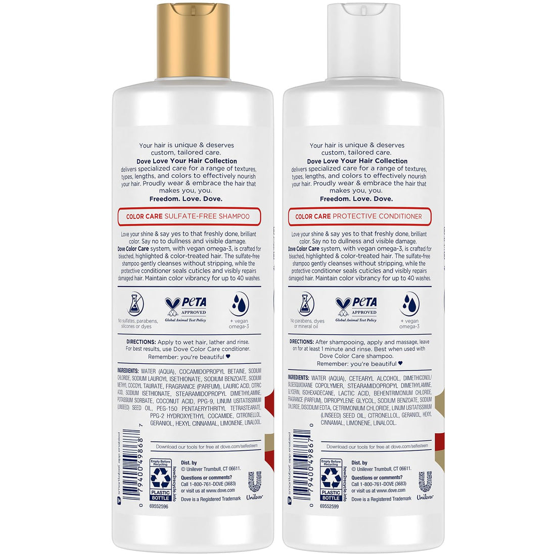 Dove Sulfate-Free Shampoo and Conditioner, Color Care – Omega-3-Infused Hair Care Products, Color Protecting for 40 Washes, 13.5 Oz Ea
