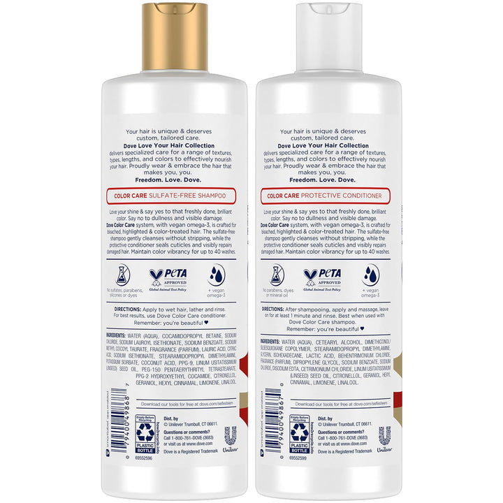 Dove Sulfate-Free Shampoo and Conditioner, Color Care – Omega-3-Infused Hair Care Products, Color Protecting for 40 Washes, 13.5 Oz Ea