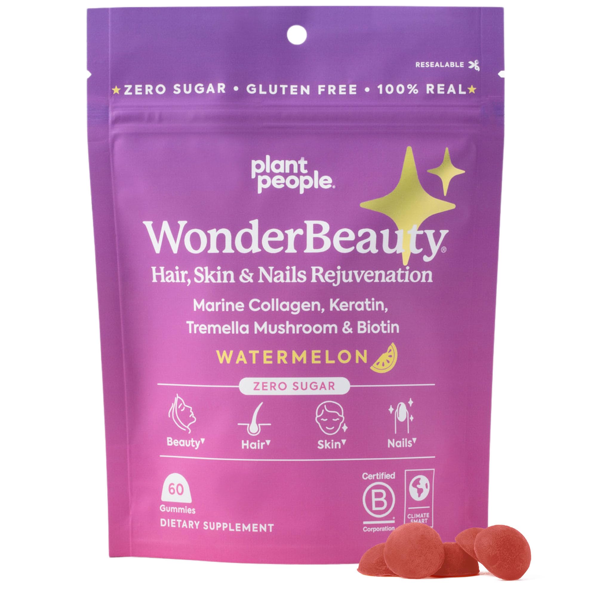 Plant People WonderBeauty Hair, Skin & Nails Rejuvenation Gummies with Tremella Mushroom, Marine Collagen Peptides, Keratin, & Biotin – Watermelon Flavor, 60 Gummies