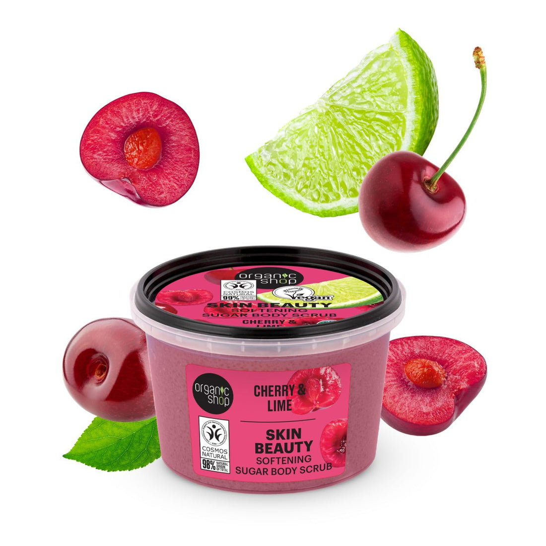 Organic Shop Cherry & Lime, Sugar Softening & Exfoliating Body Scrub, 100% Vegan & Organic, Daily Exfoliant, Detox & Moisturizer, Body, Face, Hand & Foot, Intensive Care & Skin Toning. 250ml.