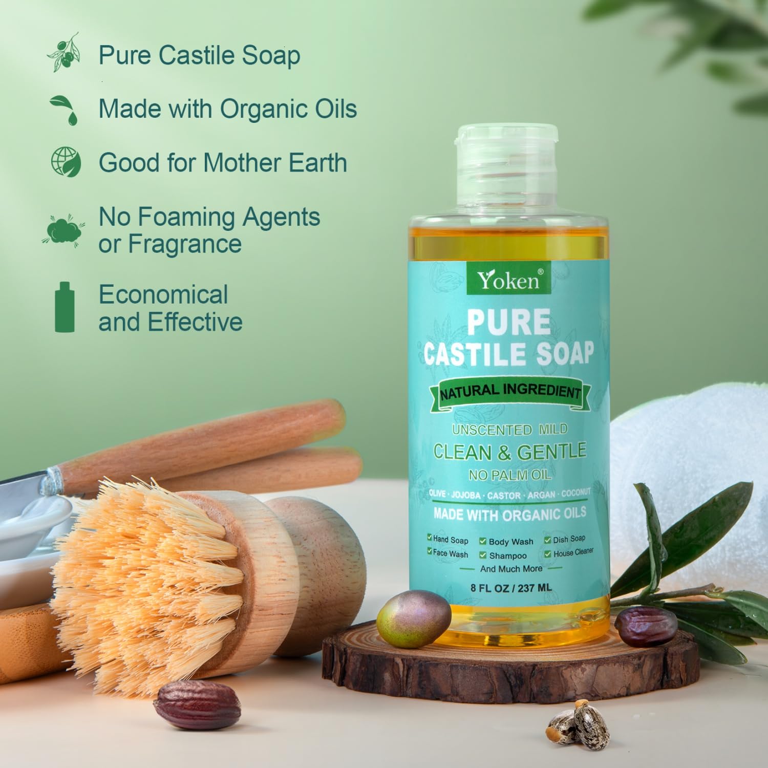 Yoken Pure Castile Liquid Soap Organic (EWG Verified, Unscented, 8 OZ), Made with Organic Oils, No Added Fragrance, Vegan, Castile Soap Liquid for Face, Laundry, Dishes, Sensitive Skin, Travel Soap