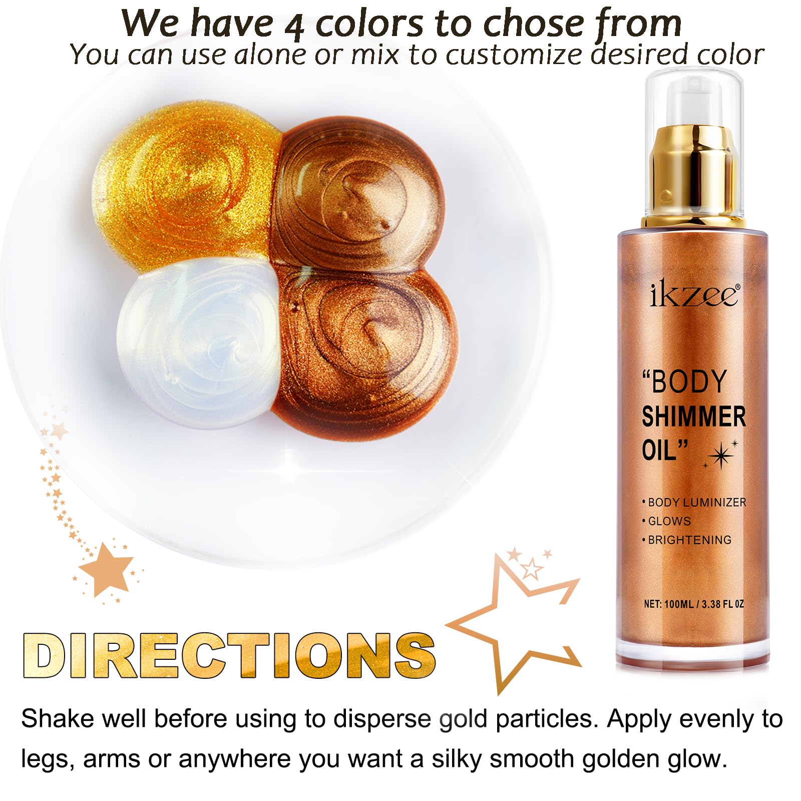 Body Shimmer Oil 100ml, Moisturizing Long Lasting Body Luminizer Face Brighten, Waterproof Liquid Illuminator Body Glow, Shimmer Body Glitter Oil Highlighter Summer Taning Makeup (#04 Golden Brown)