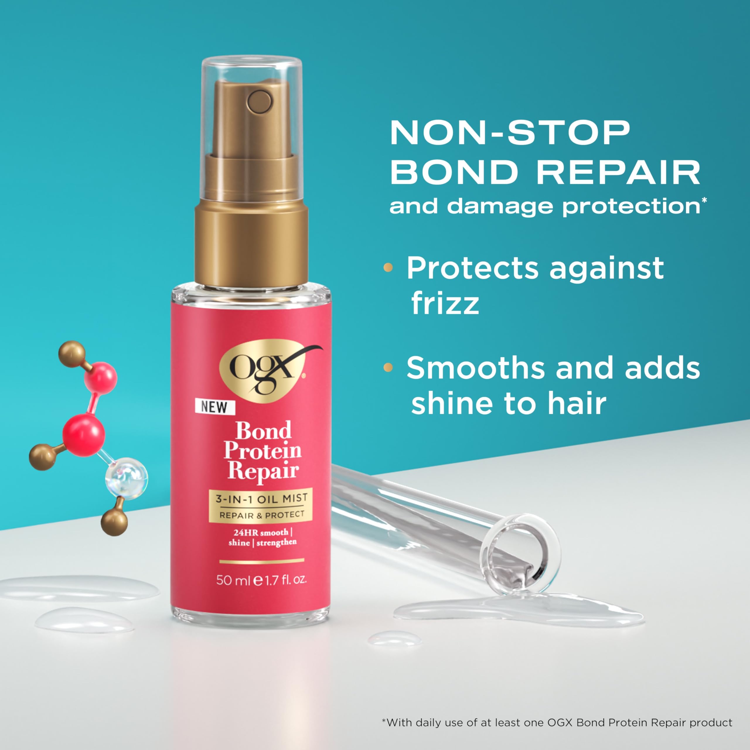 OGX Repair & Protect Bond Protein Repair 3-in-1 Oil Mist, Multi-Benefit Hair Oil Protects Dry, Damaged Hair Against Frizz, Strengthens, & maintains Shine, 1.7 fl. oz