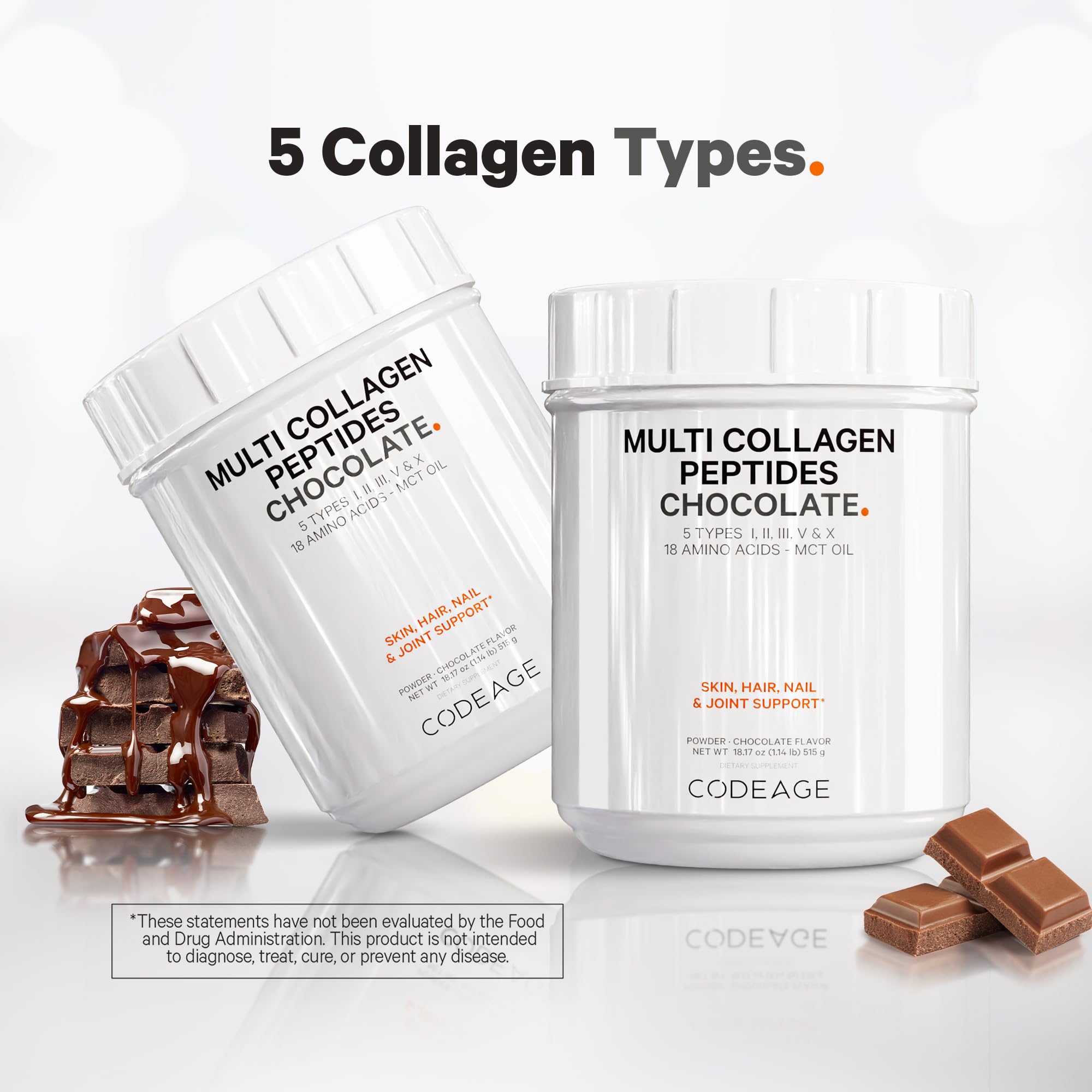 Codeage Multi Collagen Chocolate Protein Powder - Hydrolyzed Bovine Collagen Peptides, 5 Collagen Types & MCT Oil - Collagen Creamer, Chocolate Collagen Peptides - Protein Shakes - Non-GMO - 18.17 oz