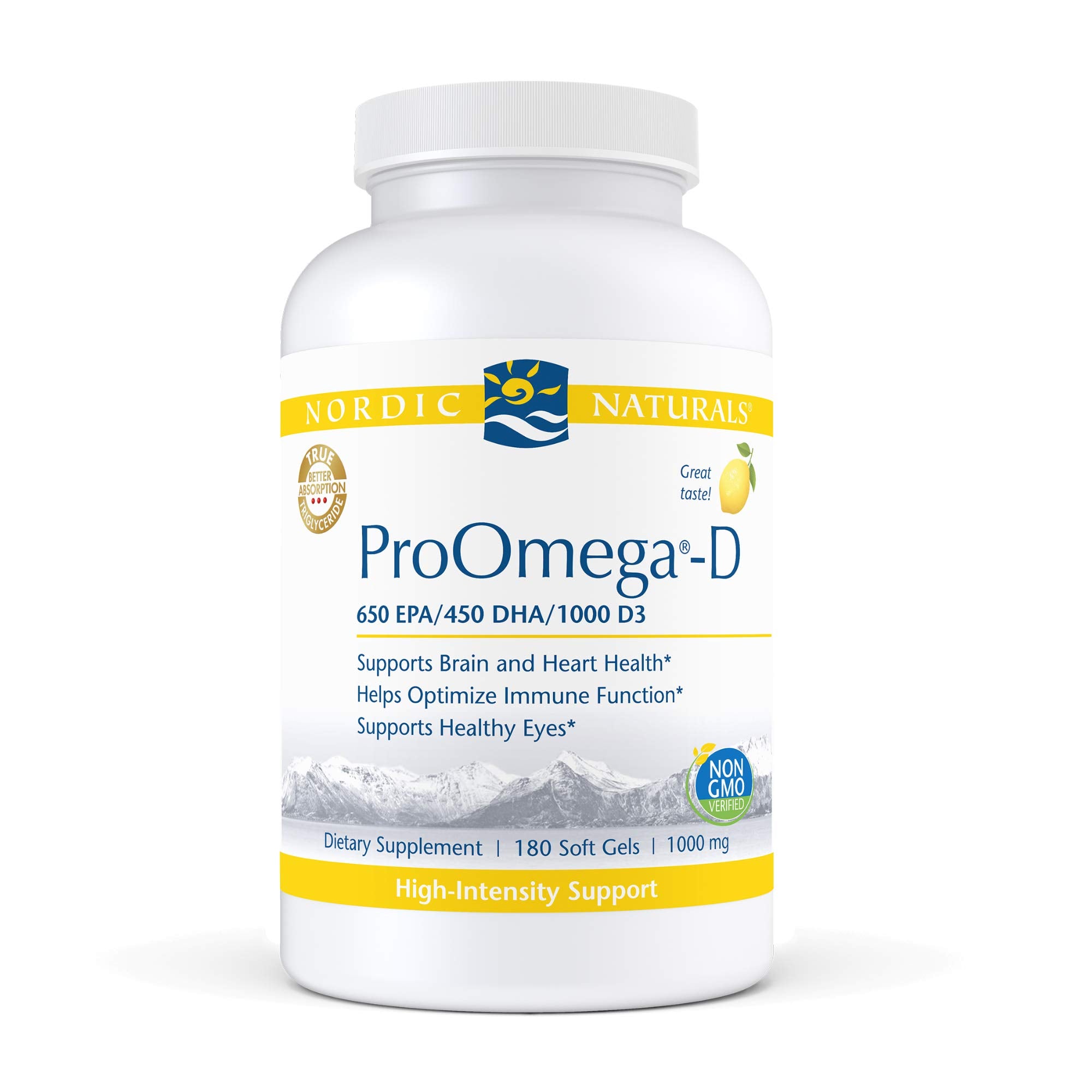 Nordic Naturals ProOmega-D, Lemon Flavor - 180 Soft Gels - 1280 mg Omega-3 + 1000 IU D3 - High-Potency Fish Oil - EPA & DHA - Brain, Eye, Heart, & Immune Health - Non-GMO - 90 Servings