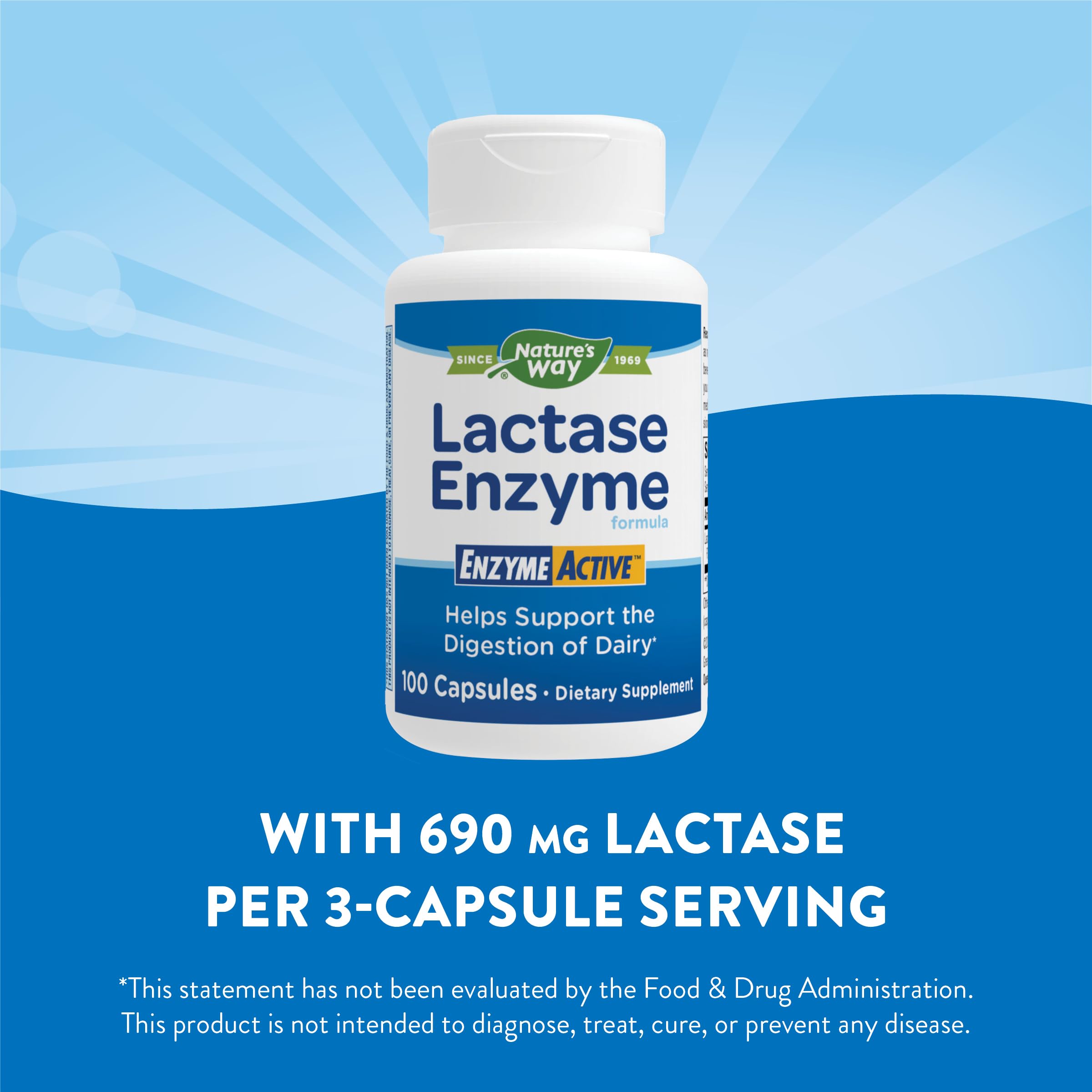 Nature's Way Lactase Enzyme, Digestive Enzymes*, Supports The Digestion of Dairy*, 690 mg lactase per 3-Capsule Serving, 100 Capsules (Packaging May Vary)