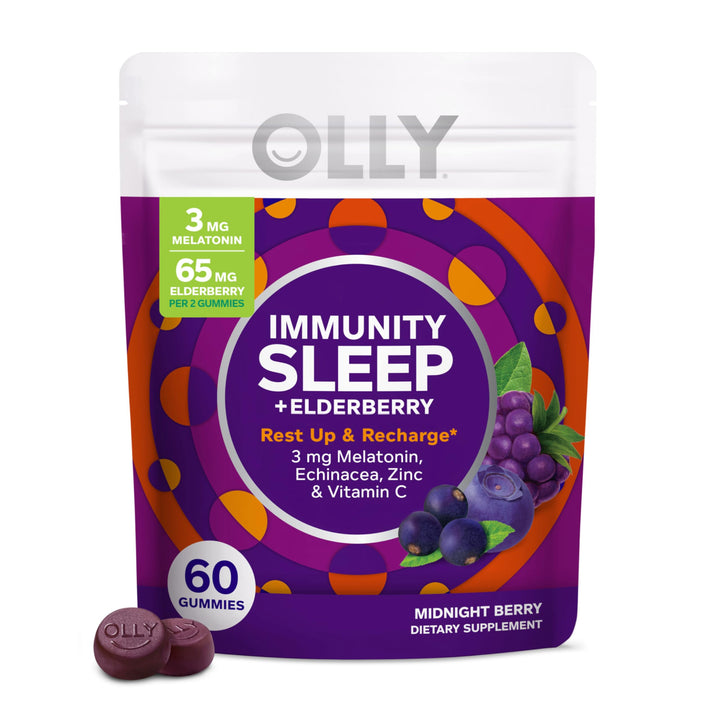 OLLY Immunity Sleep Gummy, Immune and Sleep Support, 3mg Melatonin, Echinacea, Zinc, Vitamin C, Chewable Supplement, Berry - 60 Count