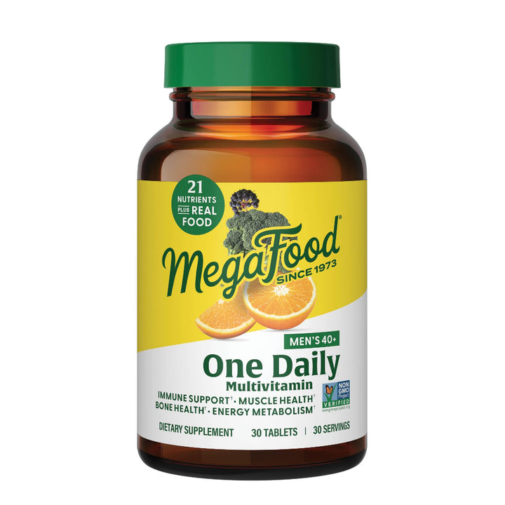 MegaFood Men's 40+ One Daily Multivitamin for Men with Vitamin B, Vitamin D3, Selenium, Zinc & Real Food - Immune Support, Energy Metabolism, and Muscle & Bone Health – Non GMO; Vegetarian - 30 Tabs