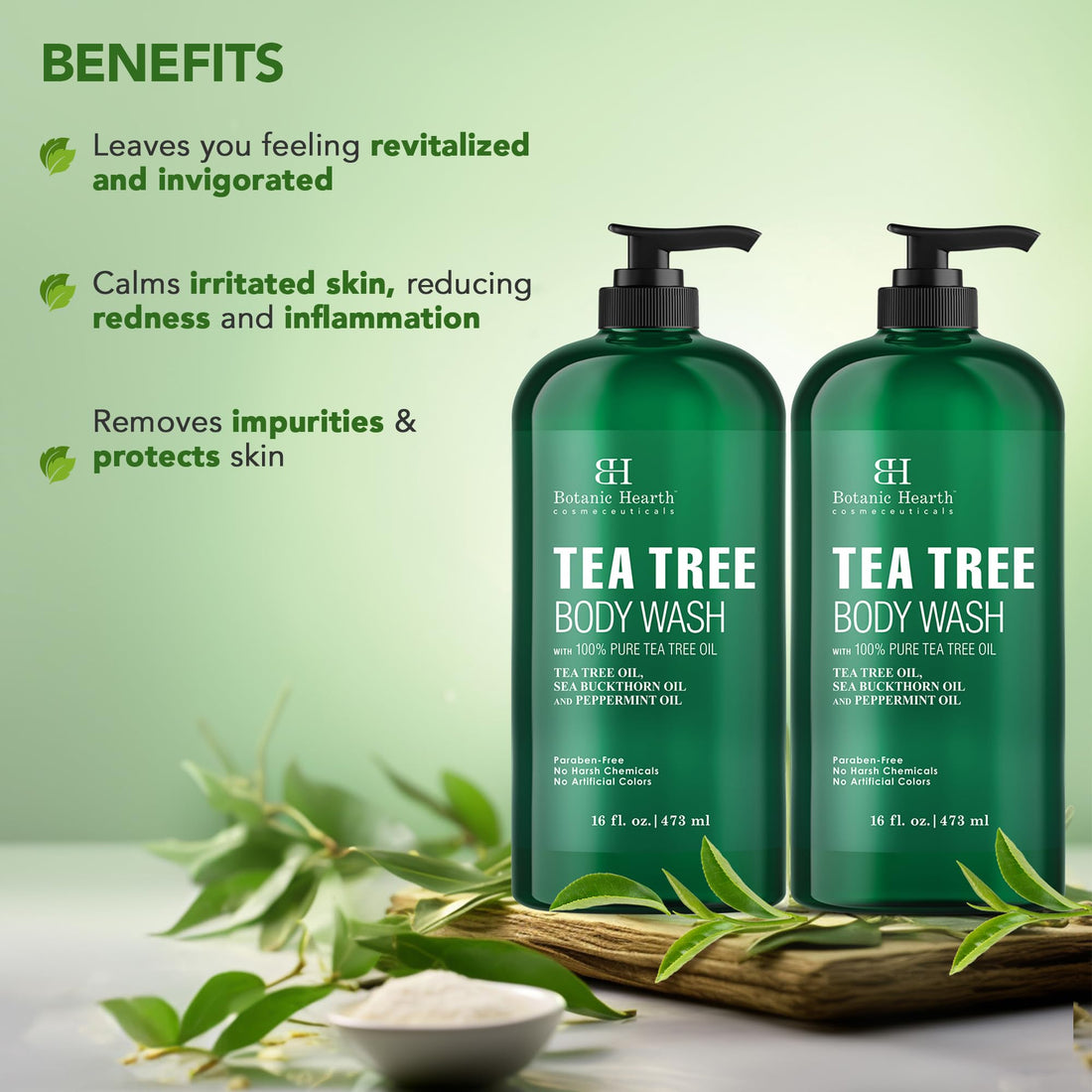 Botanic Hearth Tea Tree Body Wash - 16 fl oz - Helps Soothe Itchy, Dry Skin, Antifungal Body Wash with 100% Pure Tea Tree Oil - Sulfate Free, Paraben Free, for Men and Women Set of 2