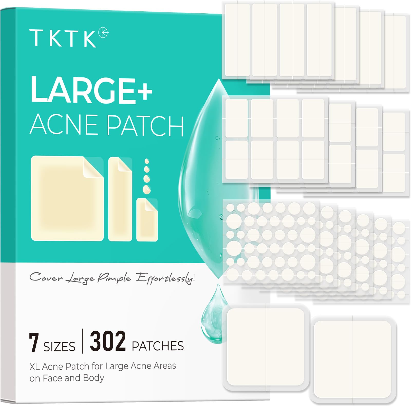 TKTK Large Pimple Patches for Face, 7 Sizes XL Acne Patches, Big Hydrocolloid Bandages for Body, Chin, Forehead, Chest, Back Zit Breakouts, Hydrocolloid Patch (Strip, Square, Dot 302 Count)