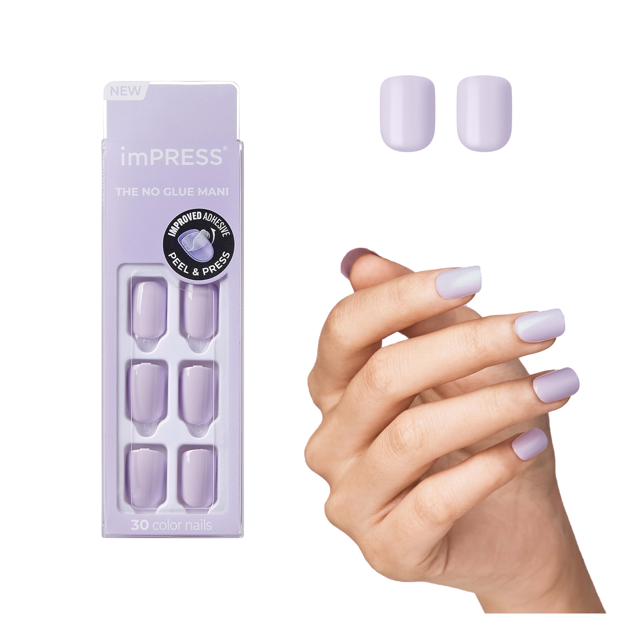 KISS imPRESS Color Press-On Manicure, Gel Nail Kit, PureFit Technology, Short Length, “Picture Purplect”, Polish-Free Solid Color Mani, Includes Prep Pad, Mini File, Cuticle Stick, and 30 Fake Nails