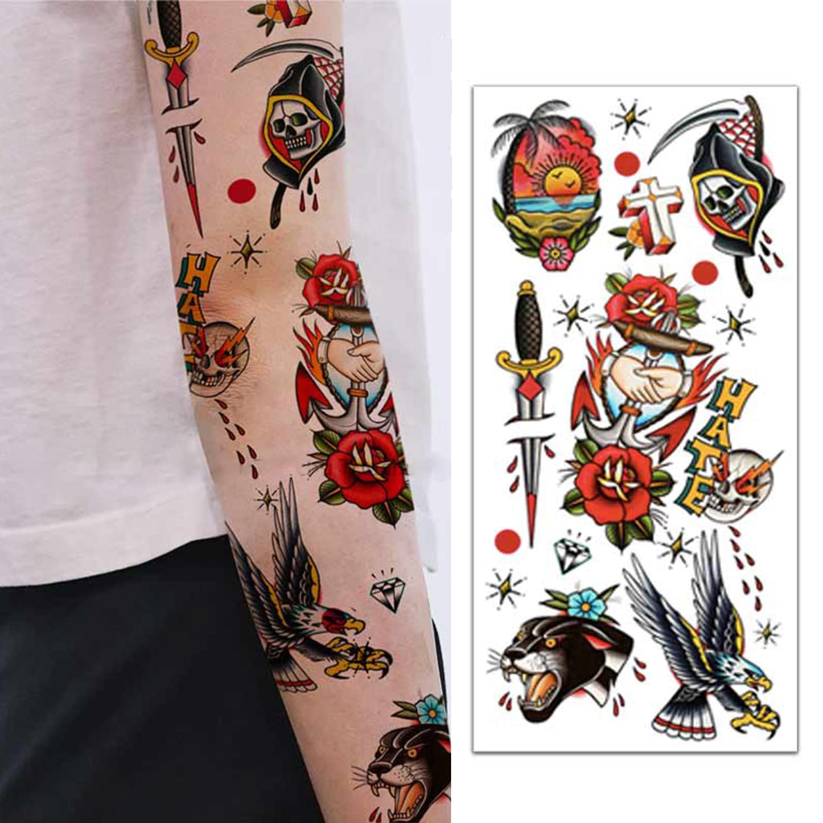 PUSNMI 120Ãƒâ€”260mm Classic Temporary Tattoo Sailor Jerry Temporary Tattoos for Women Men Cool Skull Tattoo for Arm Leg Face Lasting Mix Style Body Art Tattoos for Halloween Club