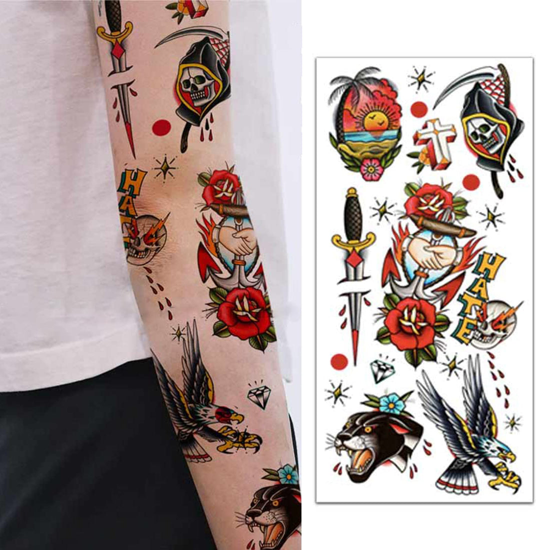 PUSNMI 120Ãƒâ€”260mm Classic Temporary Tattoo Sailor Jerry Temporary Tattoos for Women Men Cool Skull Tattoo for Arm Leg Face Lasting Mix Style Body Art Tattoos for Halloween Club