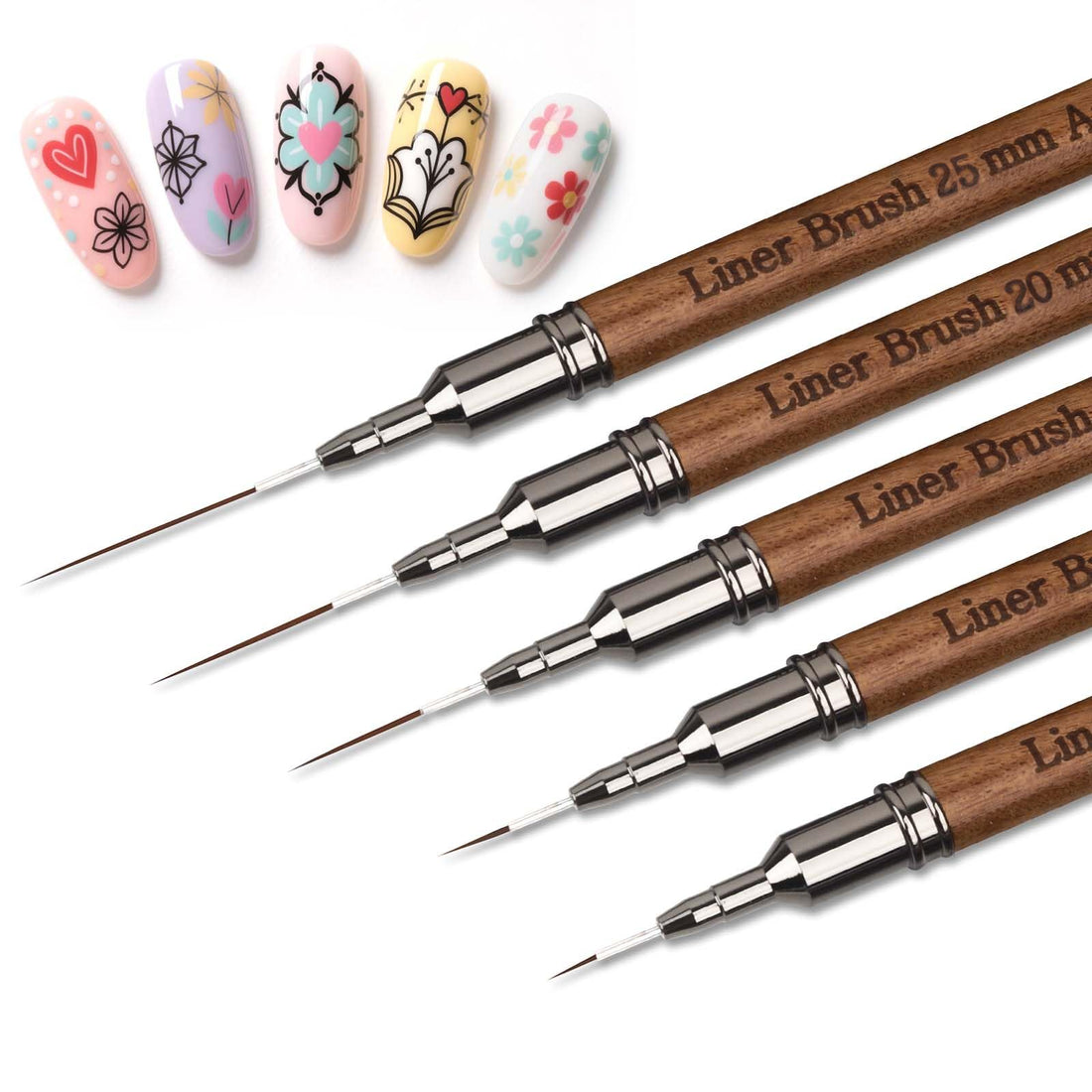 Artdone Wood Grain Nail Art Pens, Liner Brushes Set, 5PCS Brown Color Nail Tools For Long Lines, Thin Details, Fine Drawing, Liner Brush UV Gel Polish Painting Nail Design Sizes 5/12/13/20/25mm