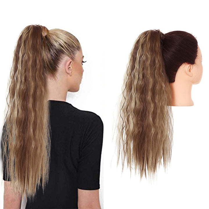 SARLA Fake Ponytail Hair Extension Curly Wavy Synthetic Wrap Around Pony Tail Hairpiece 22 Inch Long for Women Brown with Ash Blonde Highlight