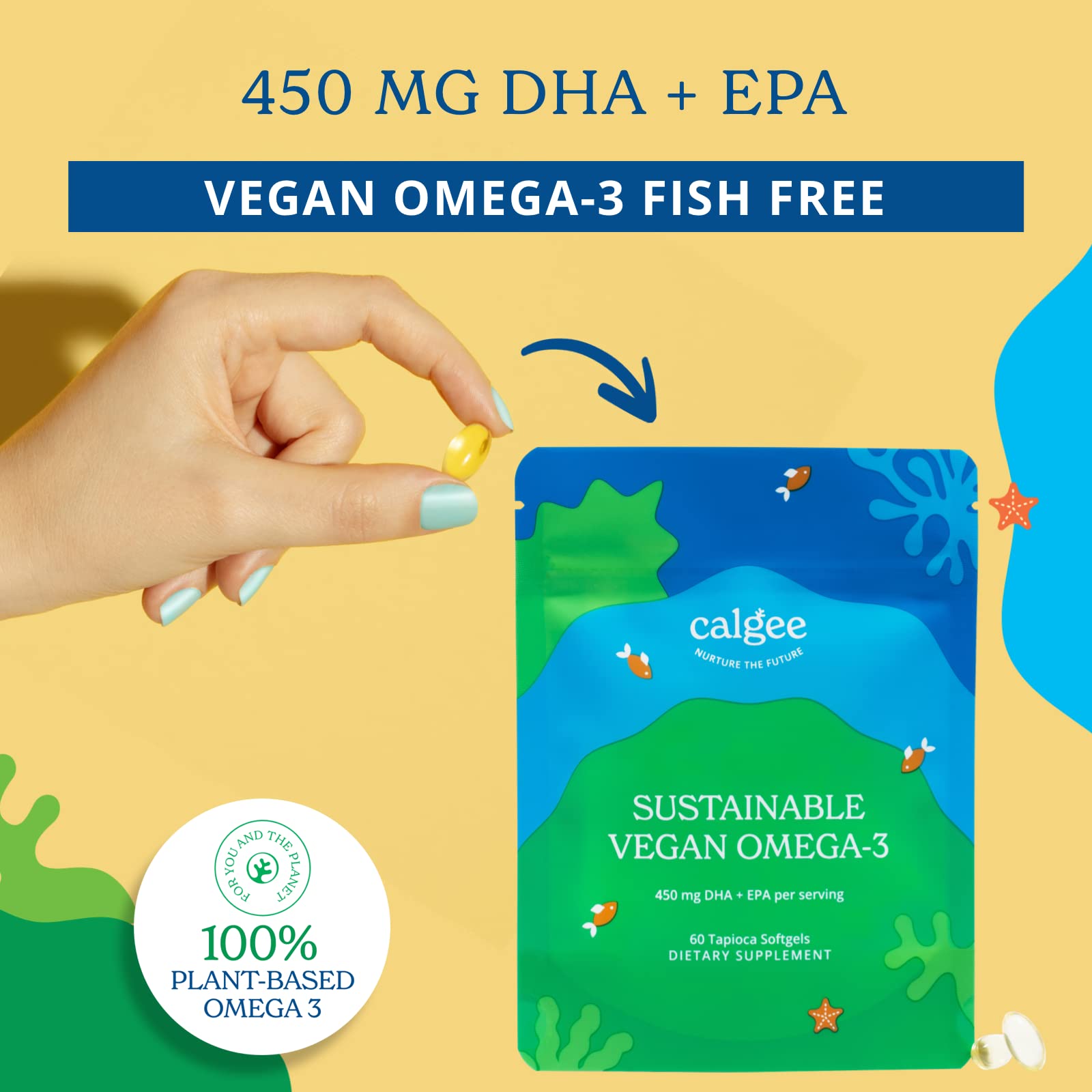 Calgee Vegan Omega 3-450mg DHA & EPA Fatty Acids - Sustainable Algae Oil - Plant-Based Fish Oil Alternative - Carrageenan-Free Softgels (120 Ct)