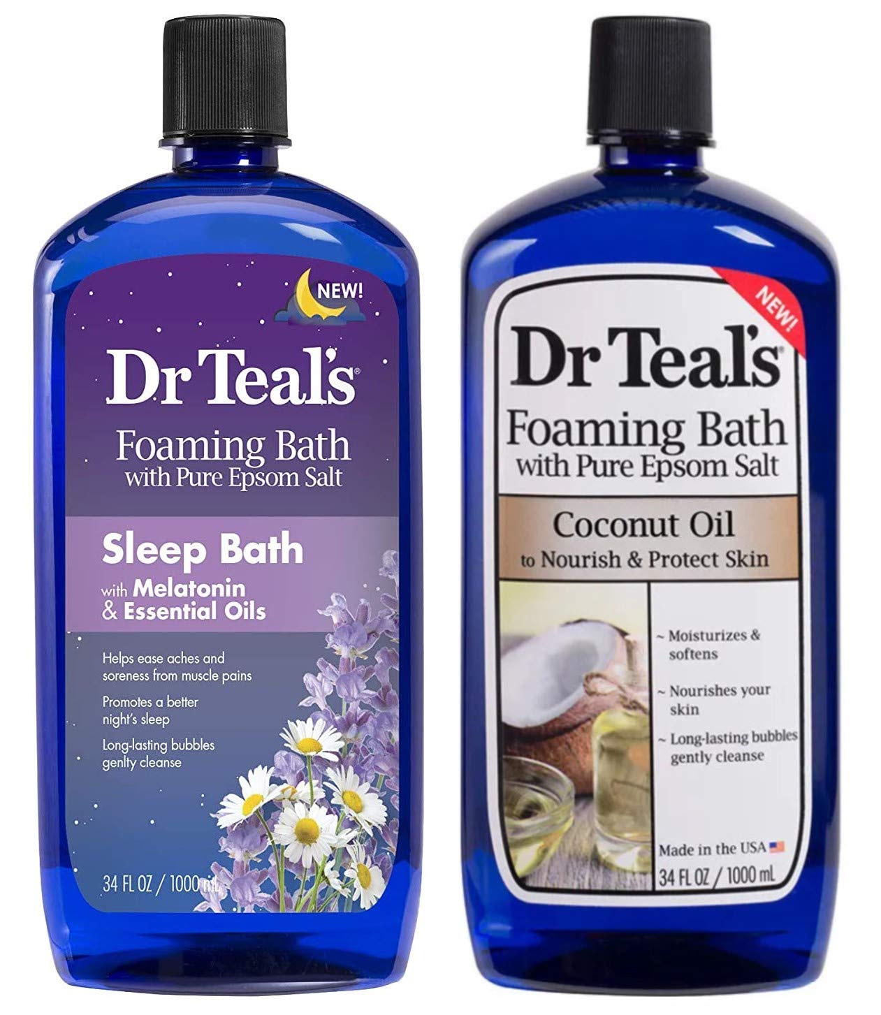 Dr Teal's Foaming Bath Variety Gift Set (2 Pack, 34oz Ea) - Melatonin Sleep Bath, Nourish & Protect with Coconut Oil - Essential Oils Blended with Pure Epsom Salt Ease Pain & Promote Better Sleep