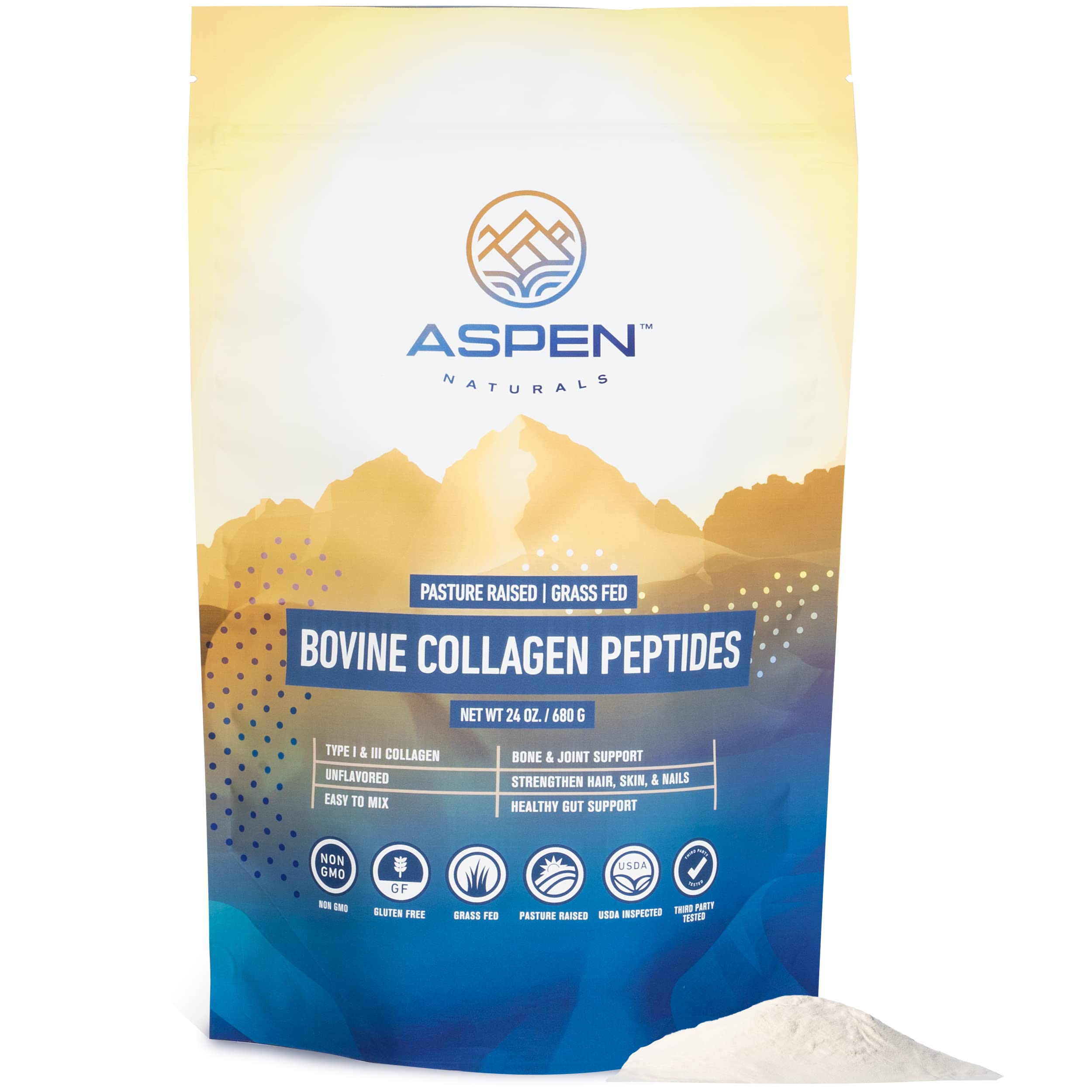 Aspen Naturals Bovine Collagen Peptides Powder 24 Oz – Type I & III | Grass Fed, Pasture Raised | Healthy Hair, Skin & Nails | Bone, Joint & Gut Support | Paleo Friendly, Unflavoured, Gluten-Free