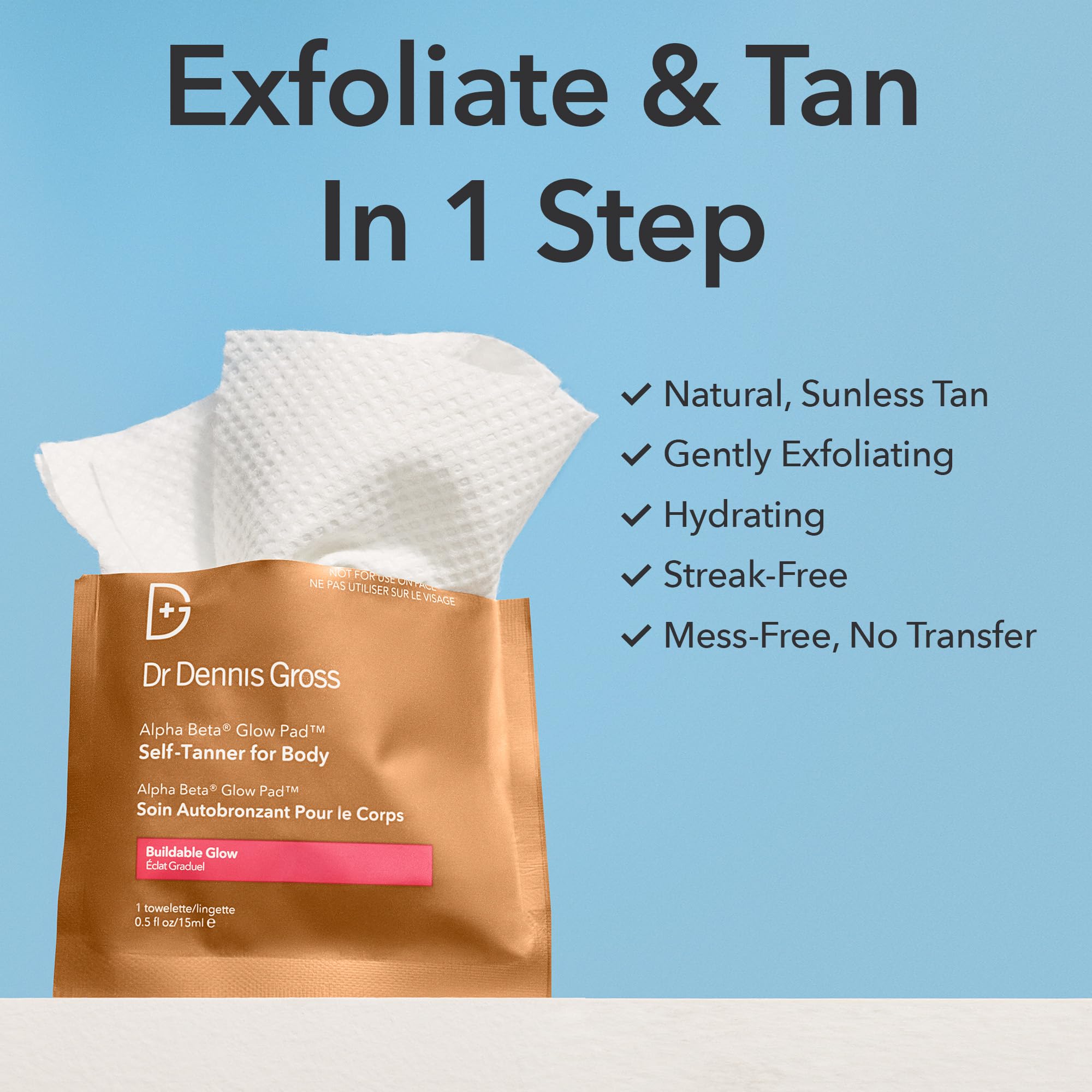 Dr. Dennis Gross Glow Pad Self-Tanner for Body – Exfoliating & Anti-Aging Towelette with AHAs & BHAs, Buildable Natural Glow, Hydrating & Streak-Free Application, 8 Towelettes