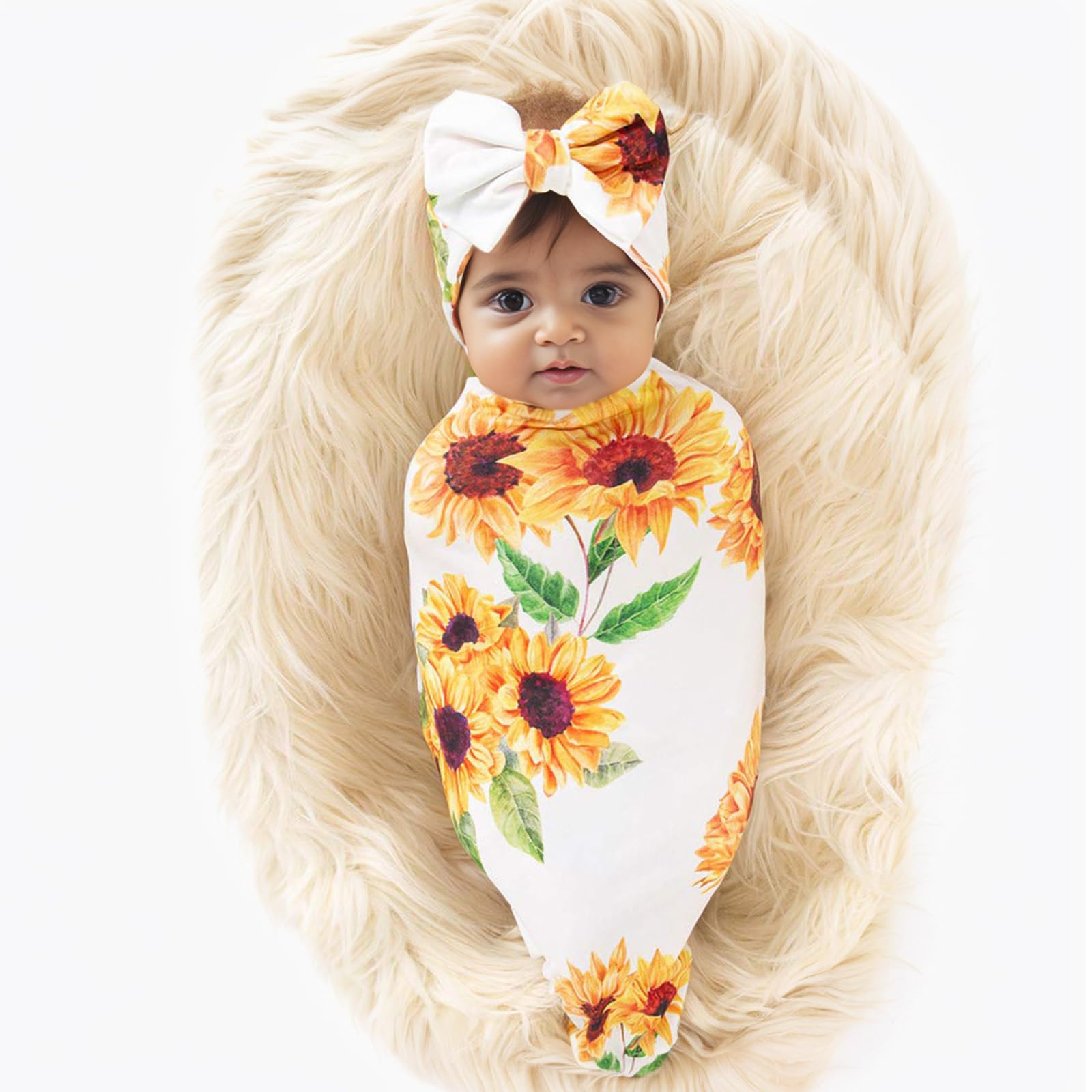Galabloomer Newborn Sunflower Receiving Blanket Headband Set Baby Flower Rose Swaddle with Big Bow