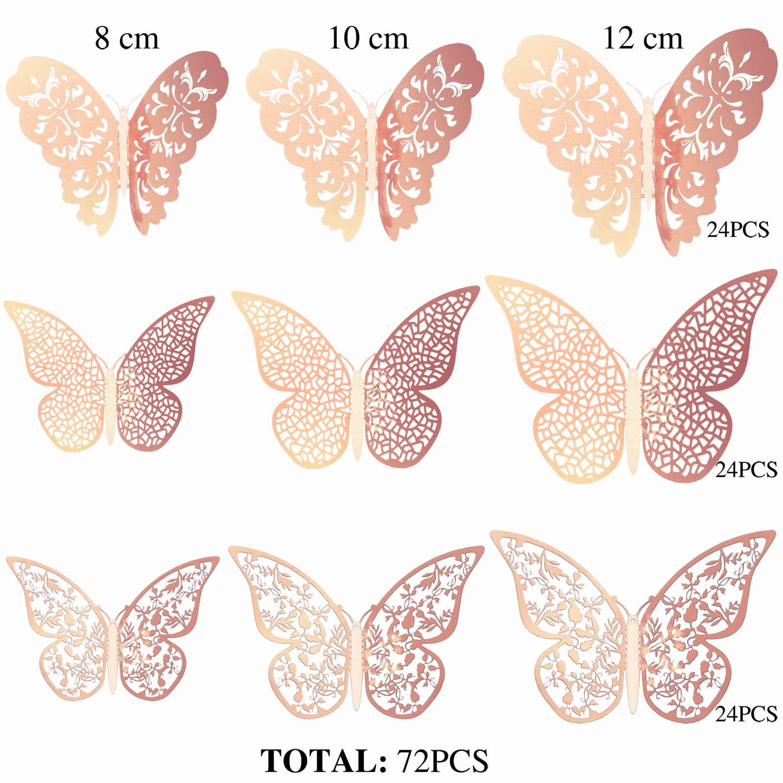 Bememo 72 Pieces 3D Butterfly Wall Decals Sticker Wall Decal Decor Art Decorative Sticker 3 Sizes for Room Home Nursery Classroom Offices Kids Girl Boy Bedroom Bathroom Living Room Decor (Rose Gold)