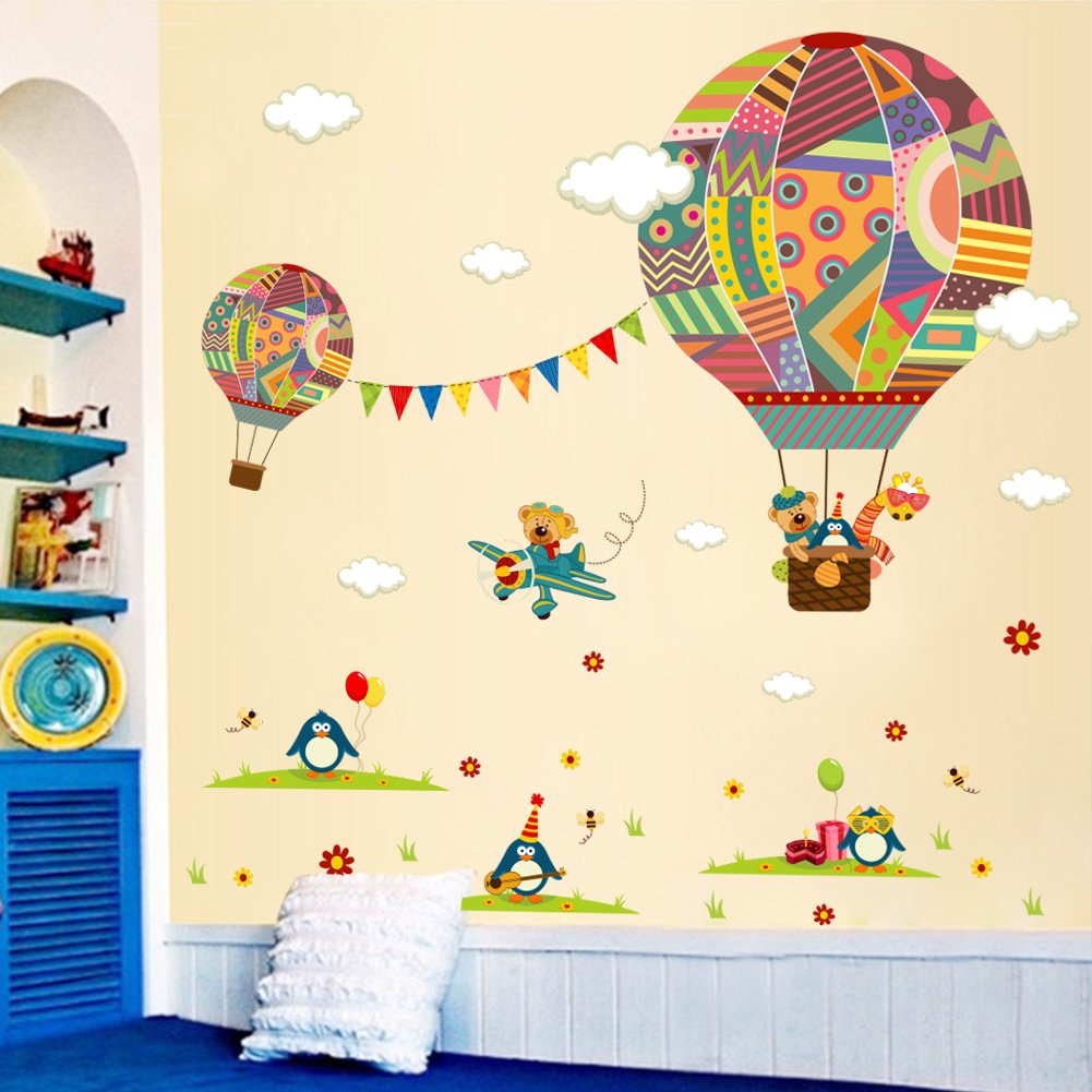 Amaonm Creative Cartoon 3D Hot air Balloon Aircraft Animals and Clouds Wall Decals Stickers - Peel and Stick Removable DIY Vinyl 3D Wall Art Decor for Nursery Room Kids Bedroom Living Room Classroom