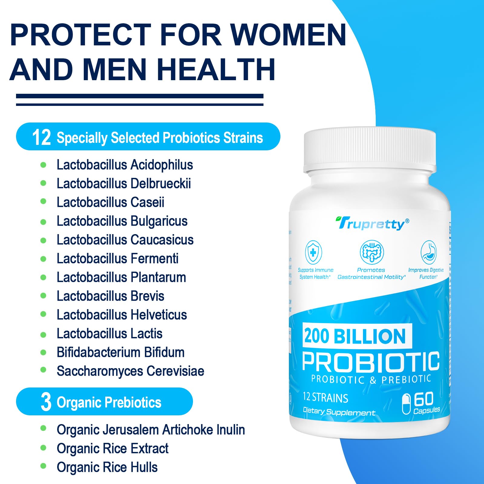 200 Billion Cfus 12 Strains Probiotic, with 3 Organic Prebiotics, Probiotics for Women Men, Daily Supplement for Immune, Gut, Digestive Health, Shelf Stable, Non GMO, 240 Caps (240-Days Supply)