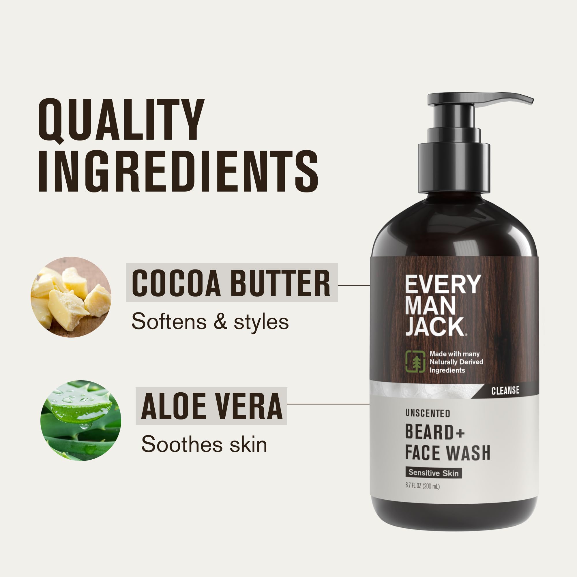 Every Man Jack Unscented Beard + Face Wash - Fragrance Free for Sensitive Skin - Naturally Cleanse and Condition Your Beard and Skin - 6.7-ounce (2 pack)