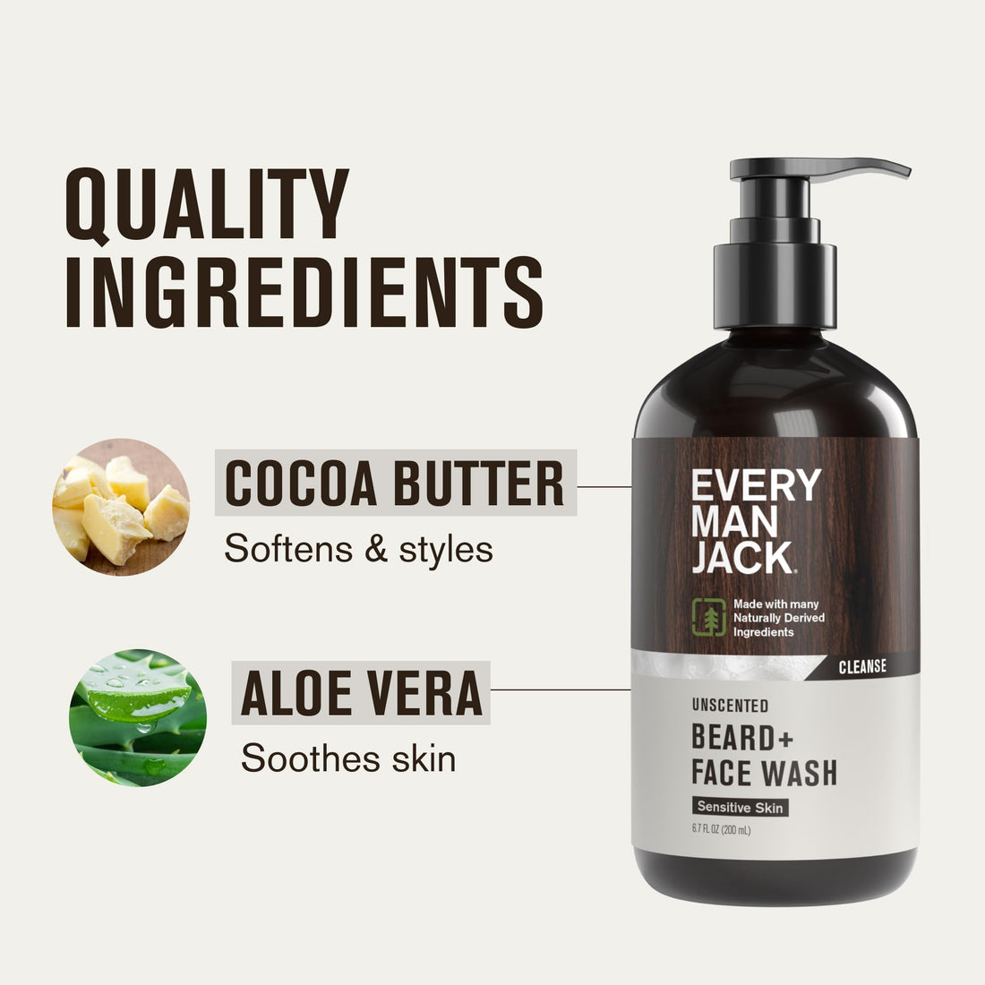 Every Man Jack Unscented Beard + Face Wash - Fragrance Free for Sensitive Skin - Naturally Cleanse and Condition Your Beard and Skin - 6.7-ounce (2 pack)