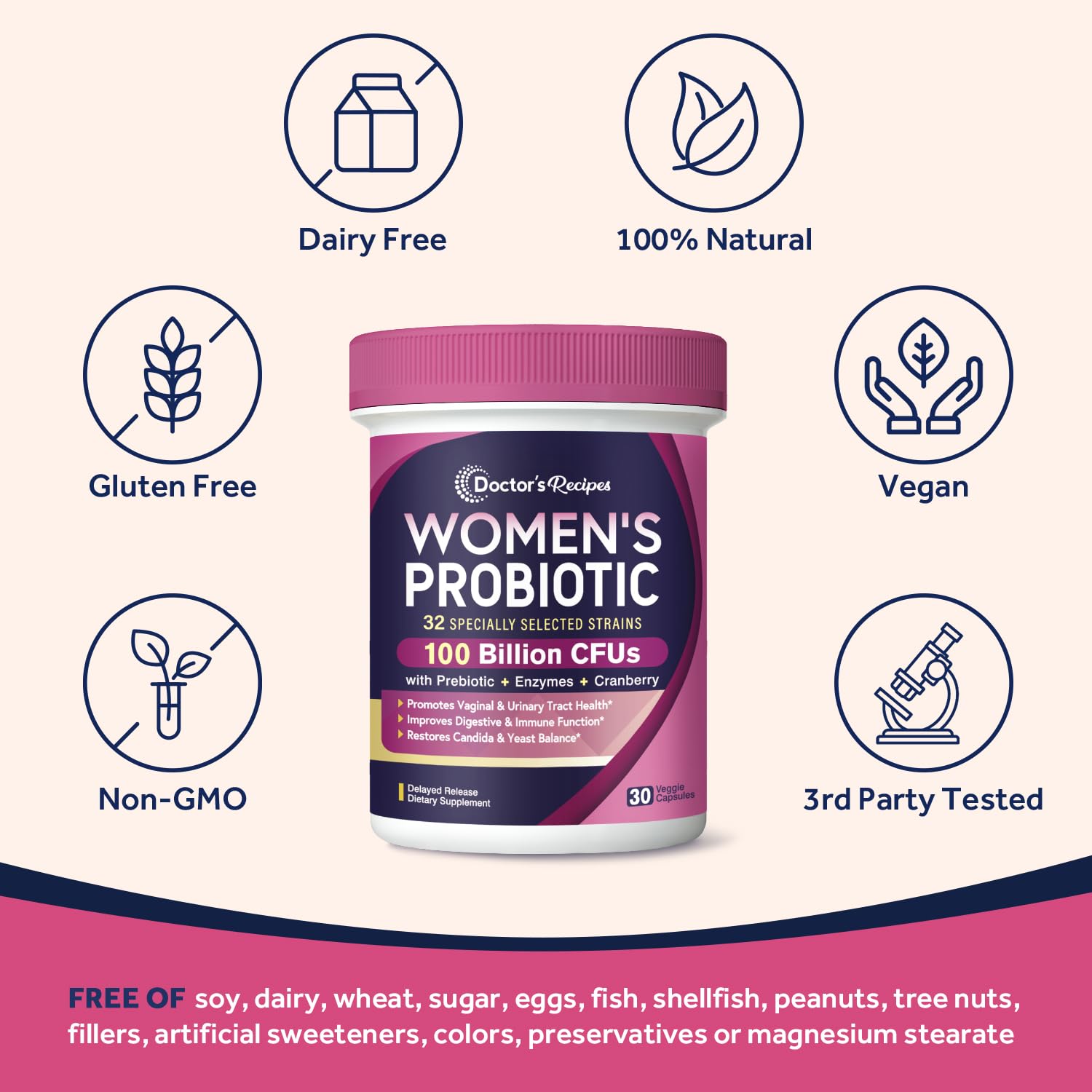 Doctor's Recipes Probiotics for Women, 100 Billion CFU 32 Strains, with Prebiotic Fiber, Enzymes & Cranberry, Vaginal Urinary Digestive & Immune, No Yeast, Shelf Stable, Delayed Release, 30 Caps