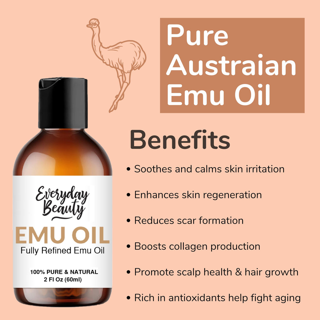 Pure Australian Emu Oil - All Natural 6X Refined for Face, Skin and Hair - Highly Effective Hydration for Sensitive Skin and Hair Growth - Perfect for Scars and Blemishes - 2 Fl Oz