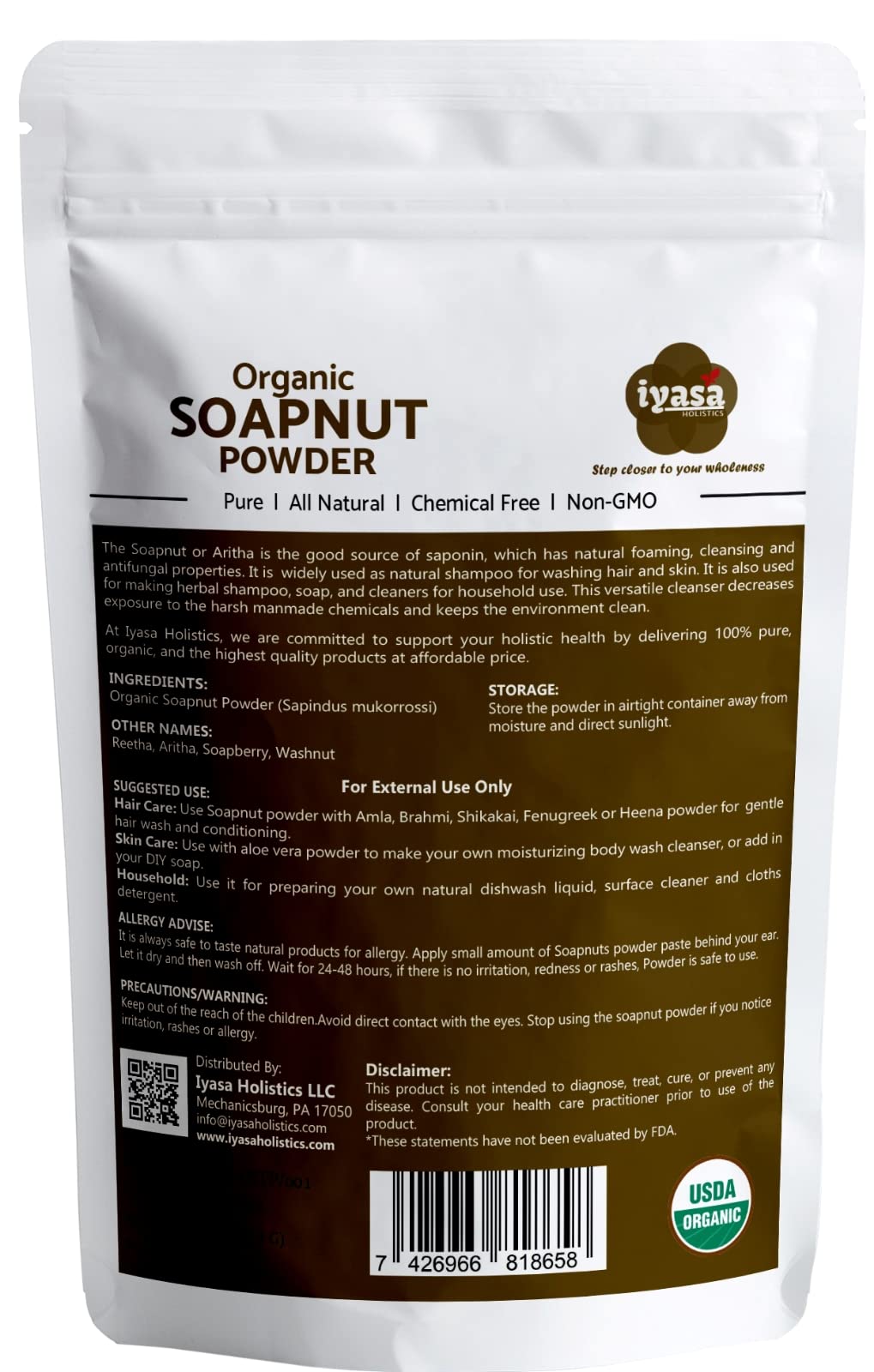 Organic Soapnut Powder, Aritha, Reetha, Natural Skin & Hair Shampoo, Hair Cleanser, Resealable pack of 8 oz