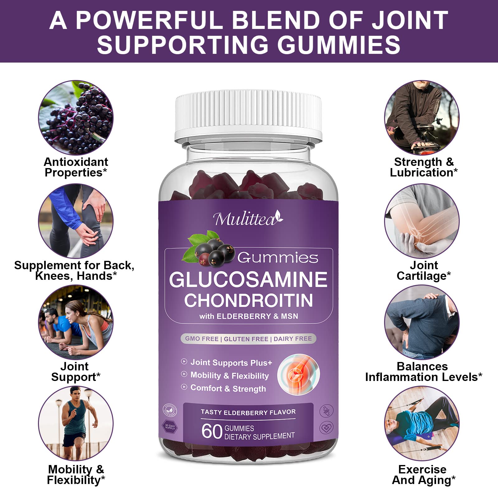 Mulittea Glucosamine Chondroitin Gummies - Extra Strength Joint Support Supplement with MSM & Elderberry for Natural Joint, Antioxidant Immune Support for Adults, Men & Women-(2 Pack)