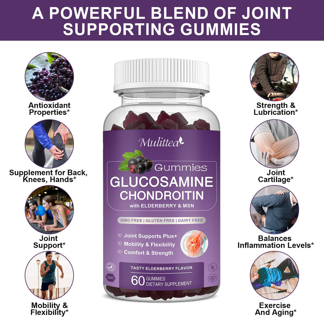 Mulittea Glucosamine Chondroitin Gummies - Extra Strength Joint Support Supplement with MSM & Elderberry for Natural Joint, Antioxidant Immune Support for Adults, Men & Women-(2 Pack)