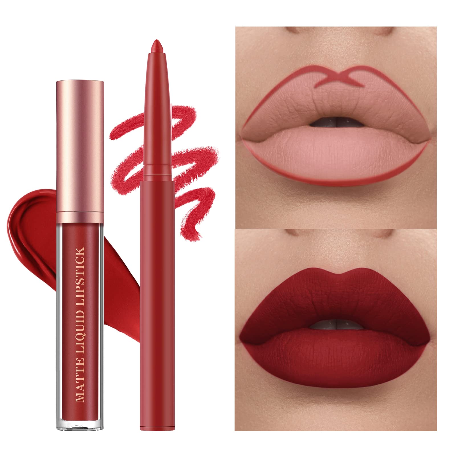 BestLand 6Pcs Matte Liquid Lipstick and Lip Liner Set, Non-Stick Cup Not Fade Waterproof 24 Hour Lip Gloss Nude Brown Lip Liner Pencil for Women, labiales mate 24 horas originales (Set E)