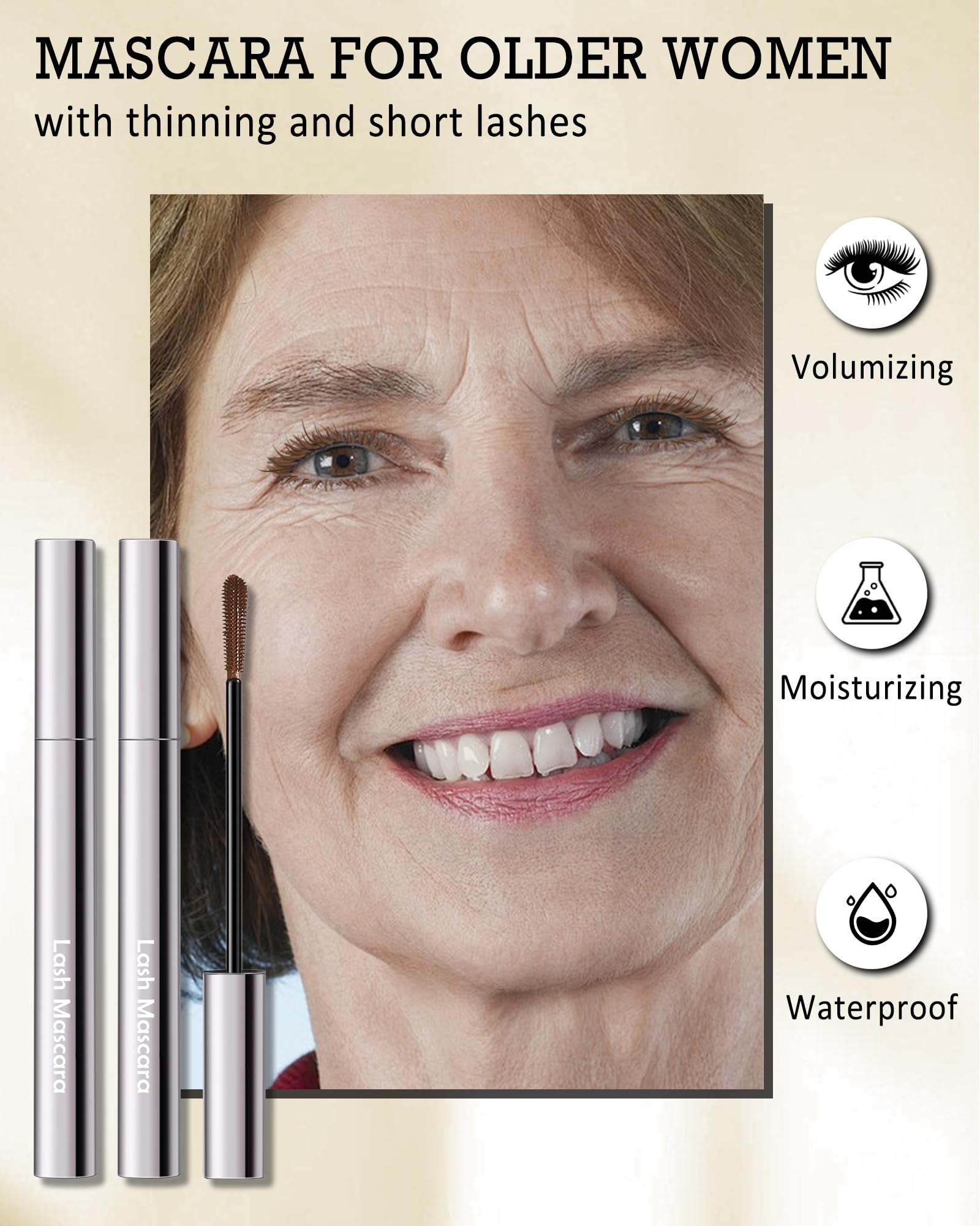 Brown Mascara for Older Women 60 Plus- 2Pcs Tube Máscara Volume and Length for Mature Women with Thinning Lashes, Hypoallergenic Prime Mascara for Sensitive Eyes, Non Clumping Waterproof Long Lasting