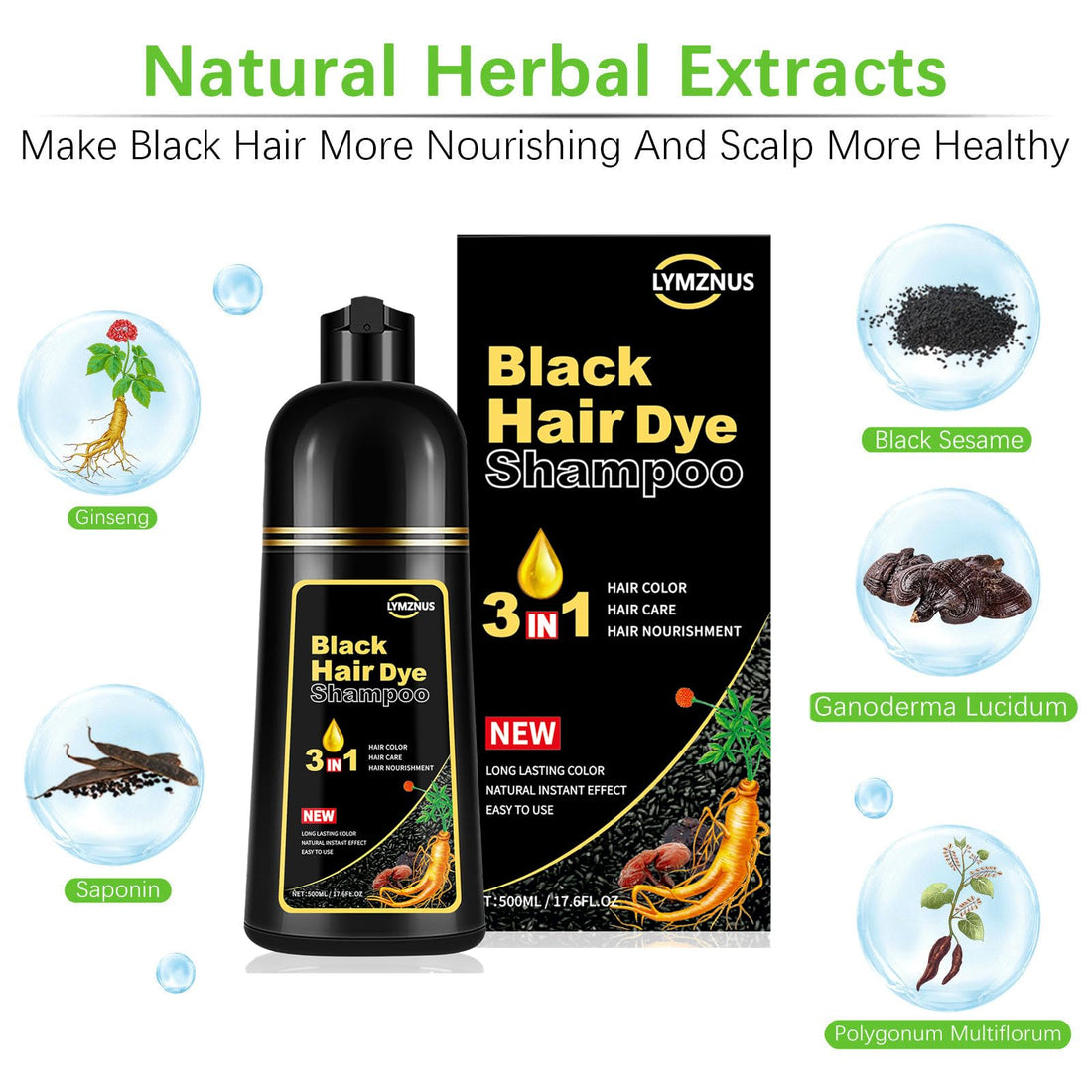 lymznus Herbal Black Hair Dye 3 in 1 - Black Hair Dye Shampoo for Gray Hair, Instant Black Hair Shampoo for Women & Men, 100% Grey Coverage, Black Hair Color Shampoo 500ML