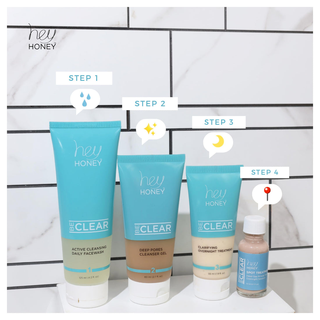 Hey Honey Skincare Be Clear Acne Routine | Clarifying Overnight Treatment | Propolis & Herbal Cream for Blemishes & Acne-Prone Skin | Immidiate Soothing Relief | 1.9 Oz