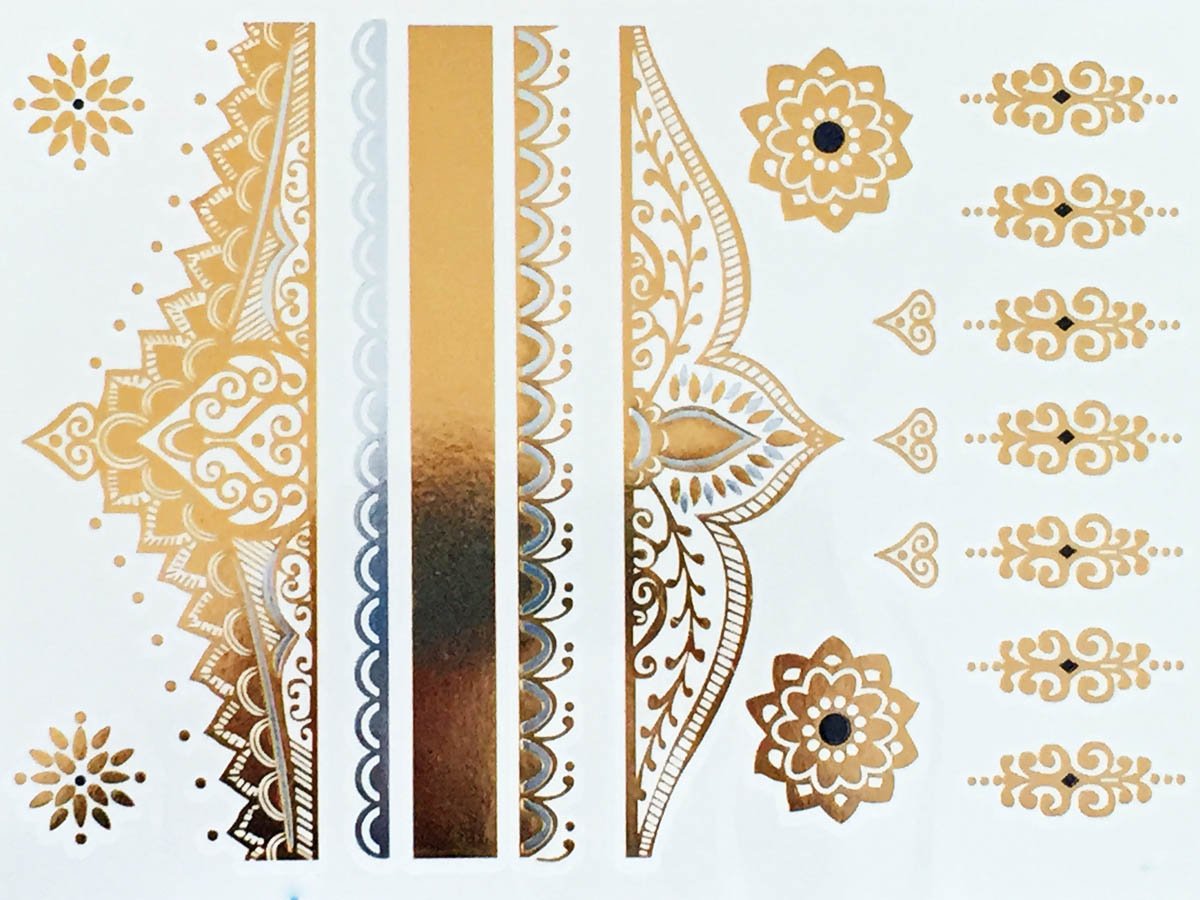 Modern Boho 5 Sheets Metallic Tattoos, Gold/Silver Flash, Namaste Collection