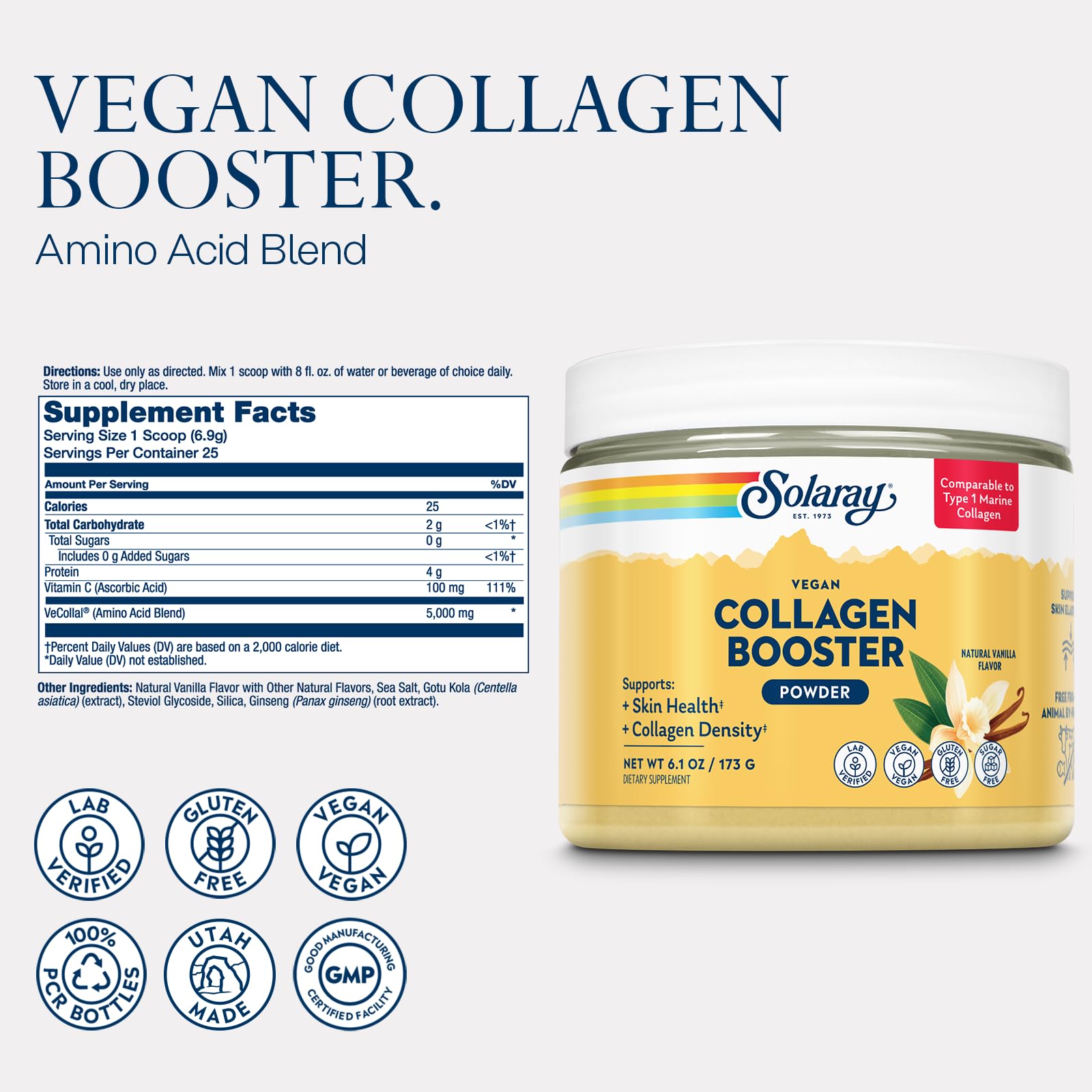 SOLARAY Vegan Collagen Booster - Type 1 Marine Collagen Powder Alternative - Skin Health and Collagen Density Support - Gluten Free, Sugar Free, Lab Verified - 60-Day Guarantee - 25 Servings, 6.1 OZ
