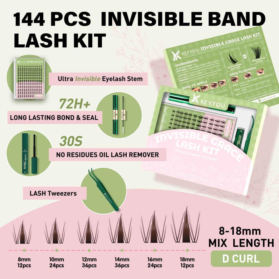 KEYYOU Fairy Brown Lash Clusters Kit Lash Extension Kit D Curl 144Pcs Eyelash Extension Kit Wispy Natural Invisible Band Lash Kit with Waterproof DIY Lash Extension Kit at Home(Fairy Brown-D-8-18MIX)