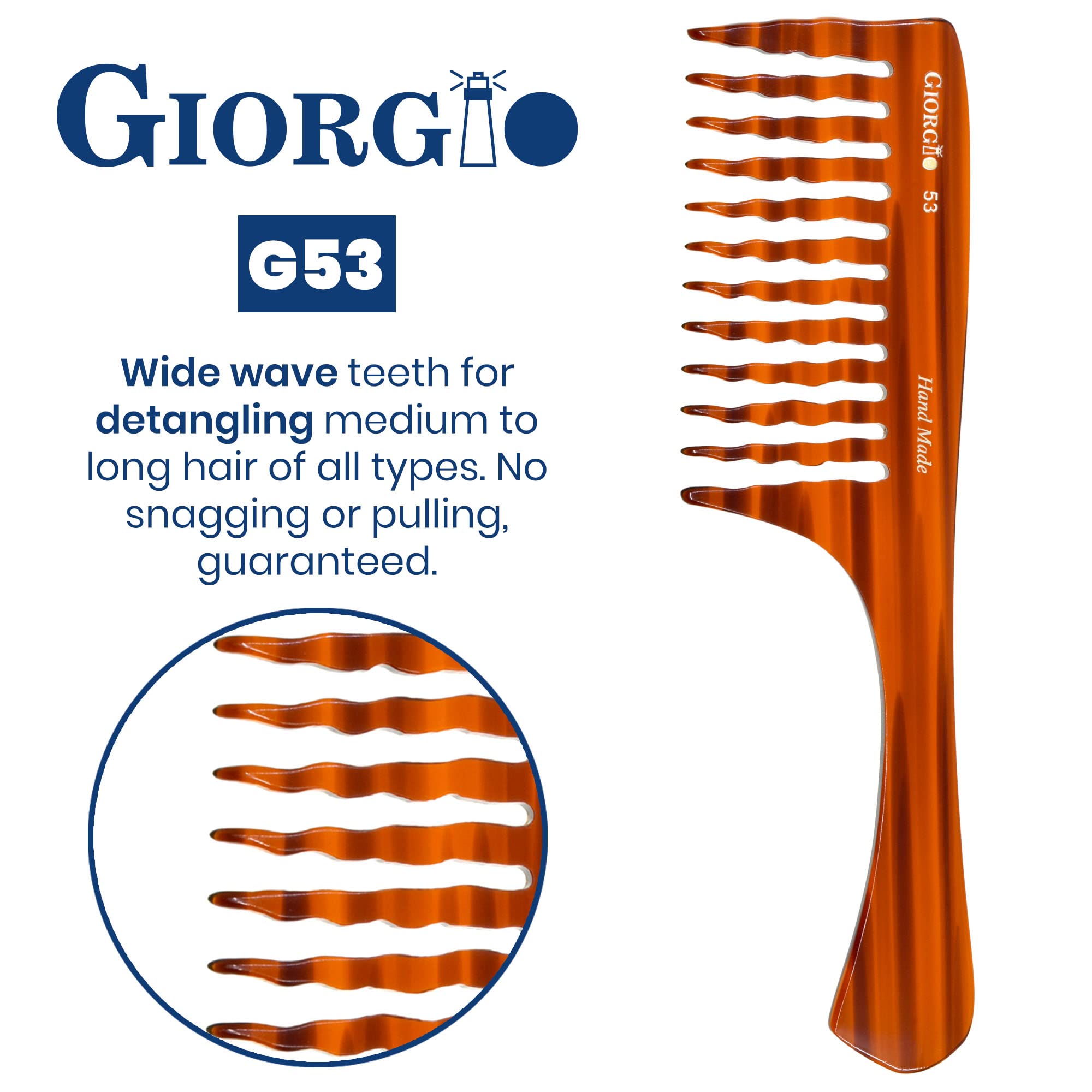 GIORGIO G53 8 Hand Made Tortoise Detangle Comb Wide Teeth. HandMade of Durable Cellulose Acetate Sawcut and Polished.