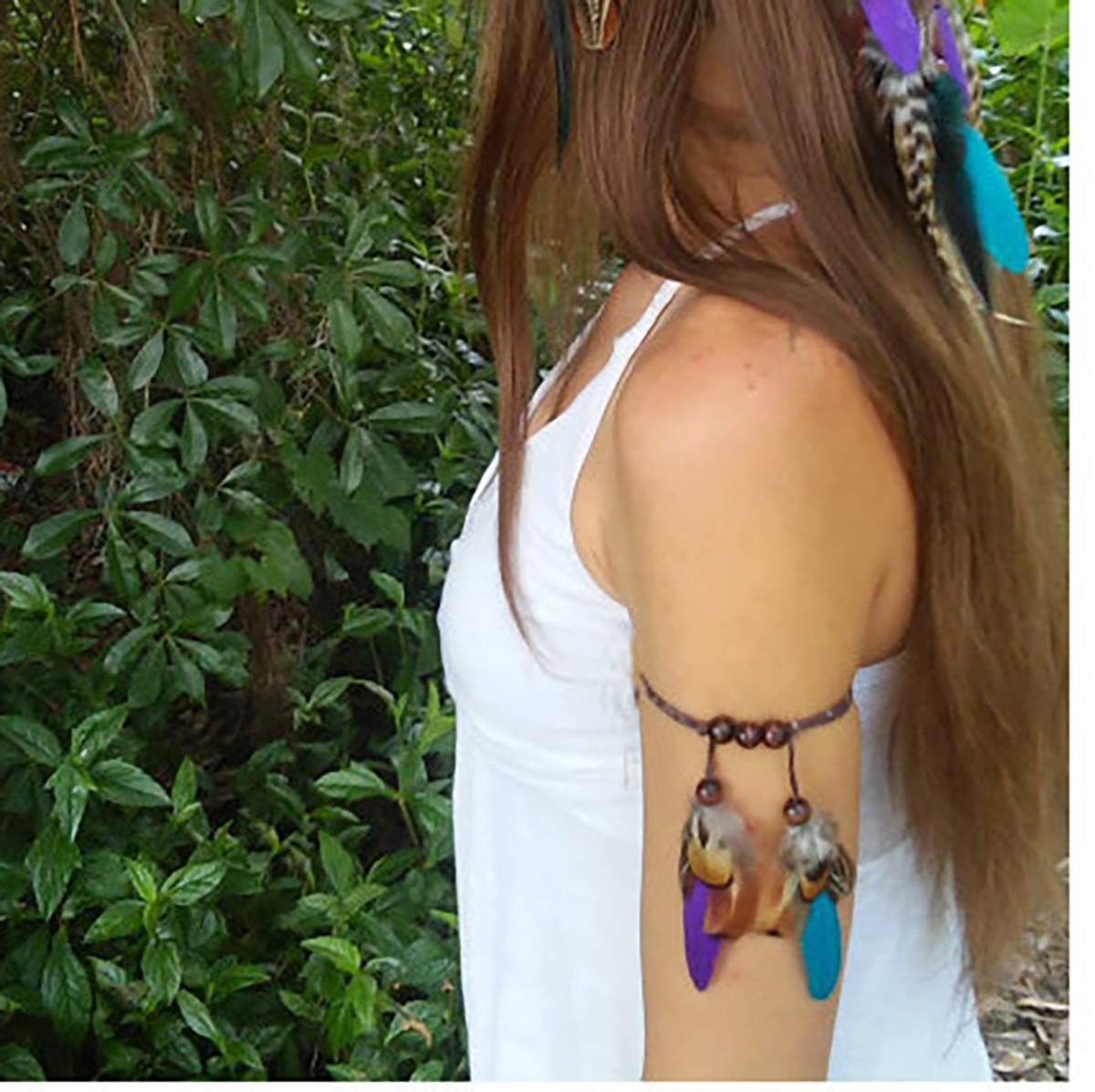 Fodattm C# : Set Of 2 Bohemian Peacock Feather Headband Headdress And Armband Hippie Headwear Headpiece Handmade Tribal Indian Fascinator Feather Hairband Hair Accessories For Girls Women