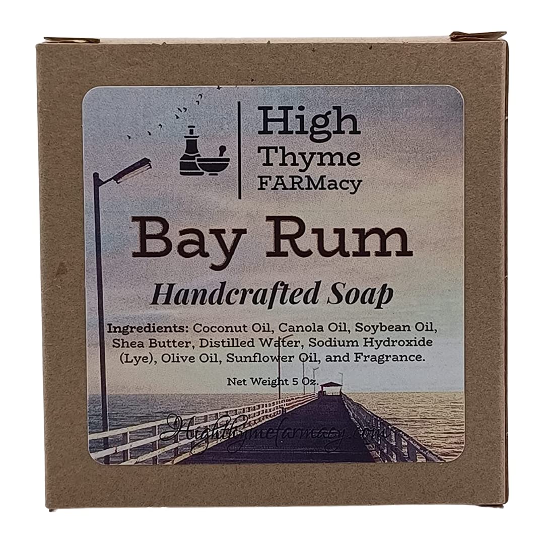 High Thyme FARMacy Bay Rum Soap - 5 Ounce Bar of Vanilla, Clove, Cinnamon, Musk, and Citrus Scented Lye Soap - Moisturizing Bath Soap with a Classic Bay Rum Scent