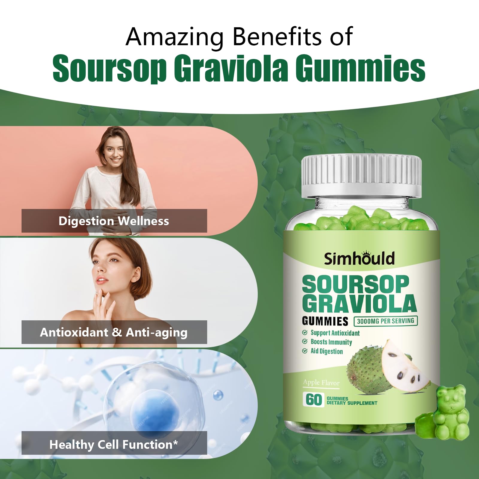 2 Pack Soursop Graviola Gummies - 3000mg Extra Strength Soursop Leaves Supplement with Vitamin C, Zinc - Digestive Aid, Immune Support & Antioxidant - Sugar-Free, Non-GMO, Vegan, 120 Counts