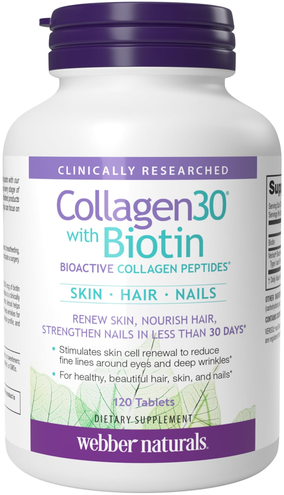 Webber Naturals Collagen30 with Biotin, 2,500 mg of Bioactive Collagen Peptides with 5,000 mcg of Biotin Per Serving, 120 Tablets, For Advanced Nourishment of Skin, Hair and Nails, Dairy & Gluten Free
