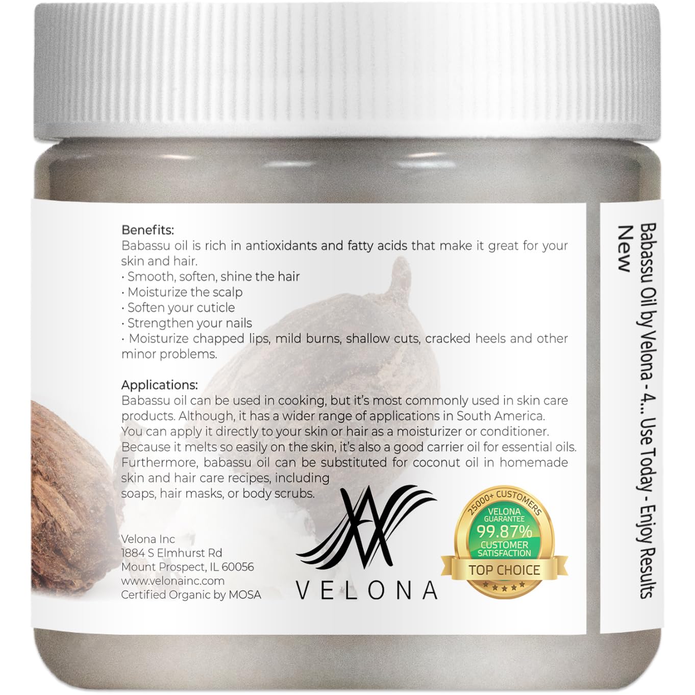 velona Babassu Oil USDA Certified Organic - 4 Fl Oz | 100% Pure and Natural Carrier Oil | Refined, Cold Pressed | Face, Hair, Body & Skin Care and Cooking | Use Today - Enjoy Results