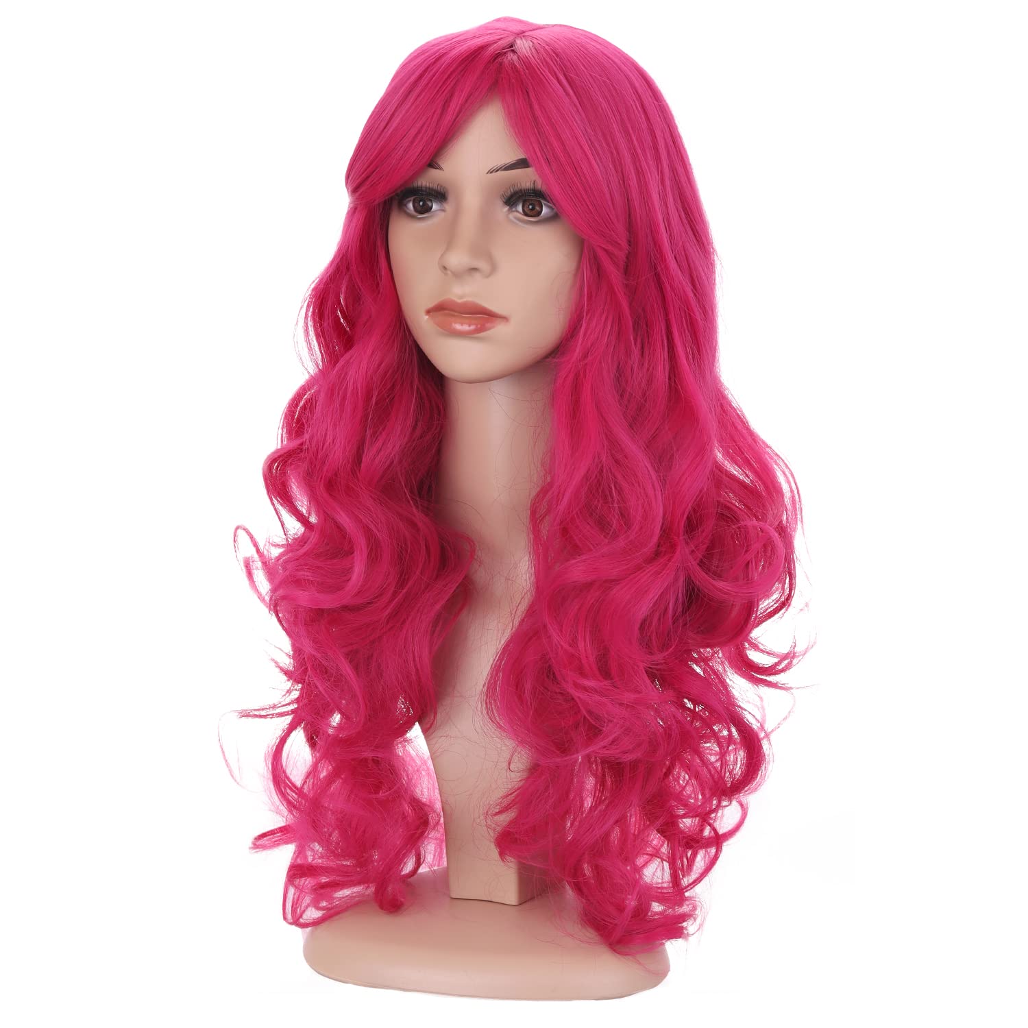 BERON 24 Stylish Long Curly Hot Pink Hair Wig Party Perruque (Hot Pink)